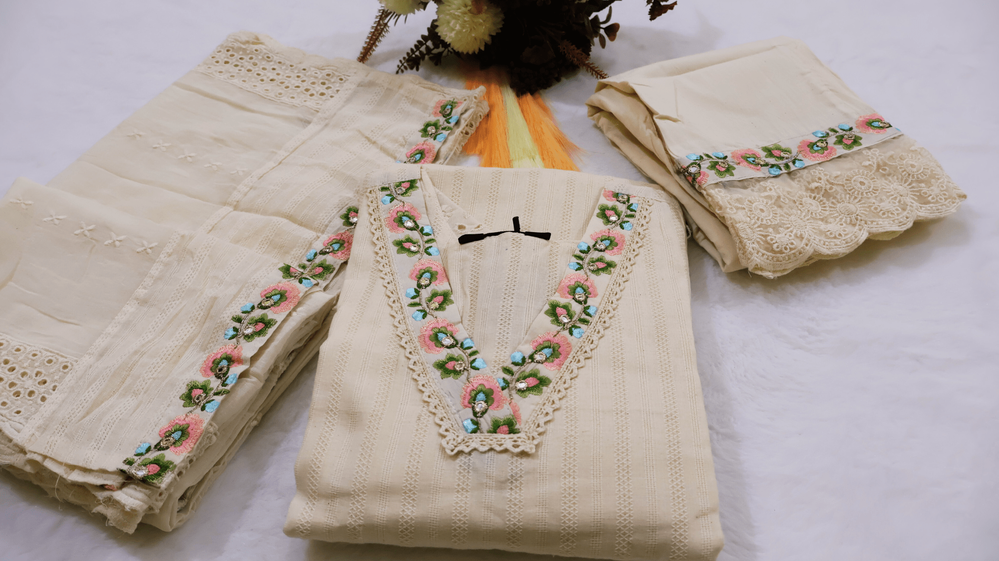 Mal Cotton Embroidered Kurta Pant Set with Dupatta