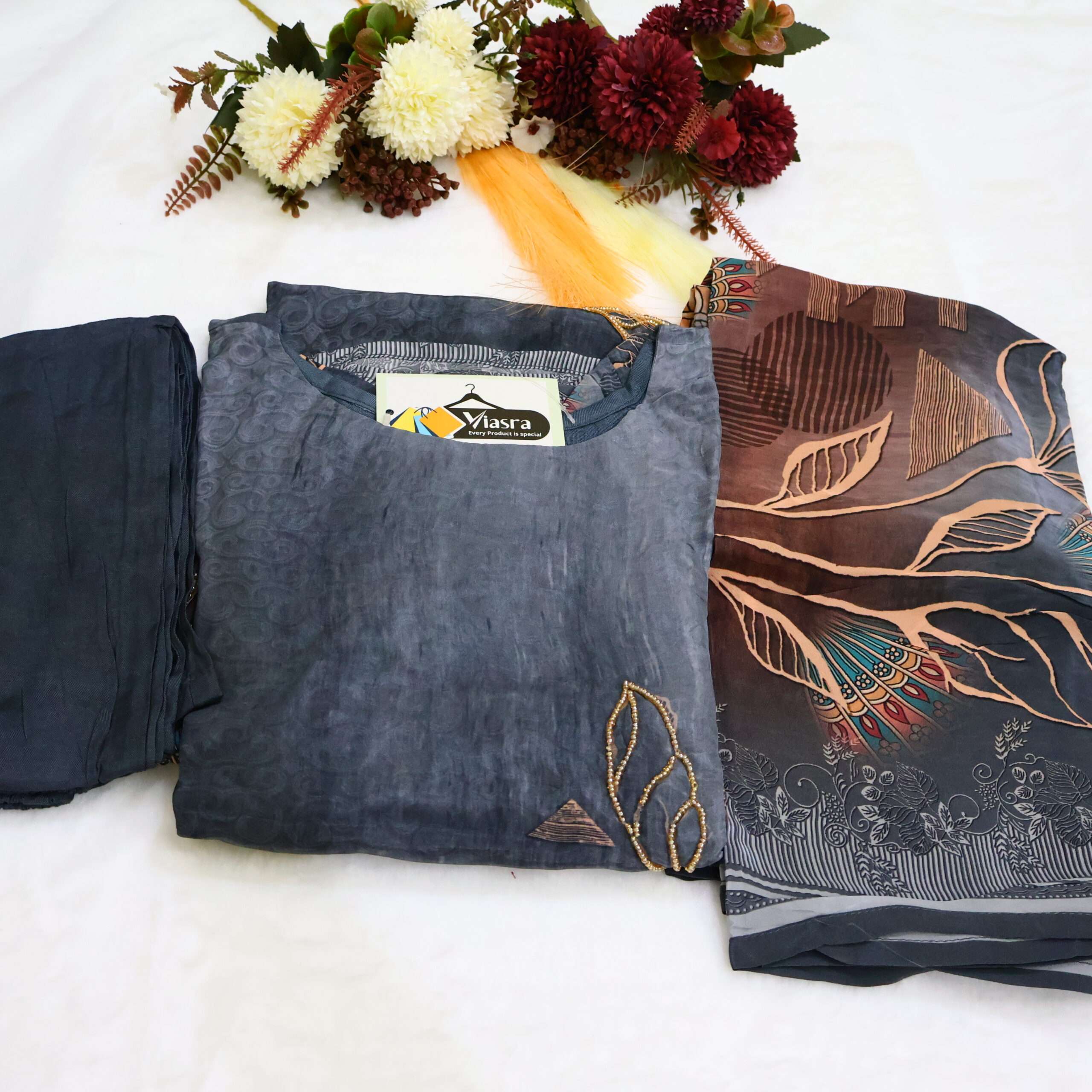 Pure Crepe Kurta Pant Set with Handwork & Dupatta