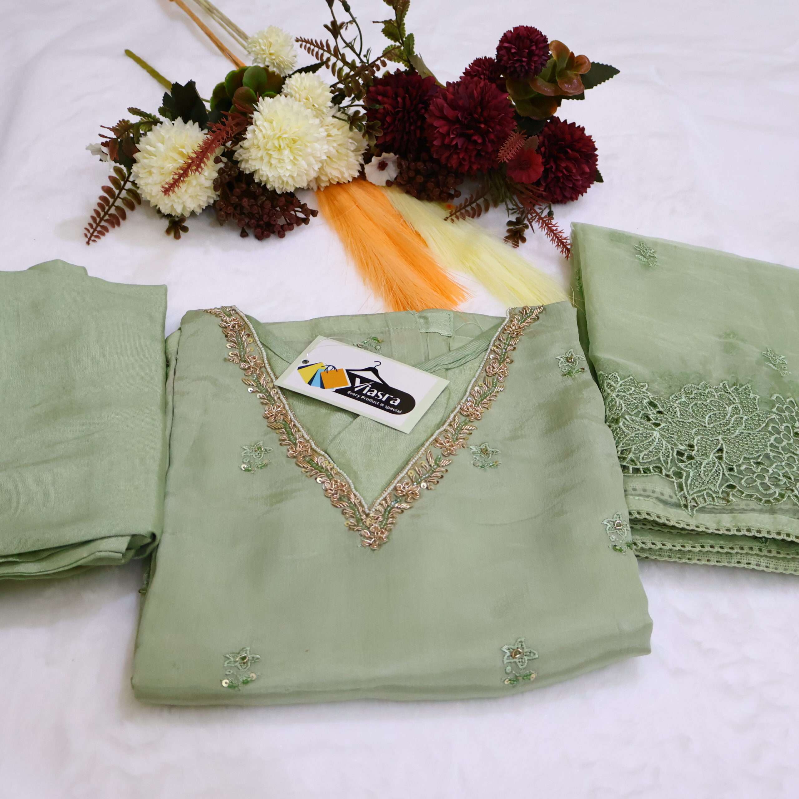 Pure Chinon Kurta Pant Set with Neck Work & Organza Dupatta