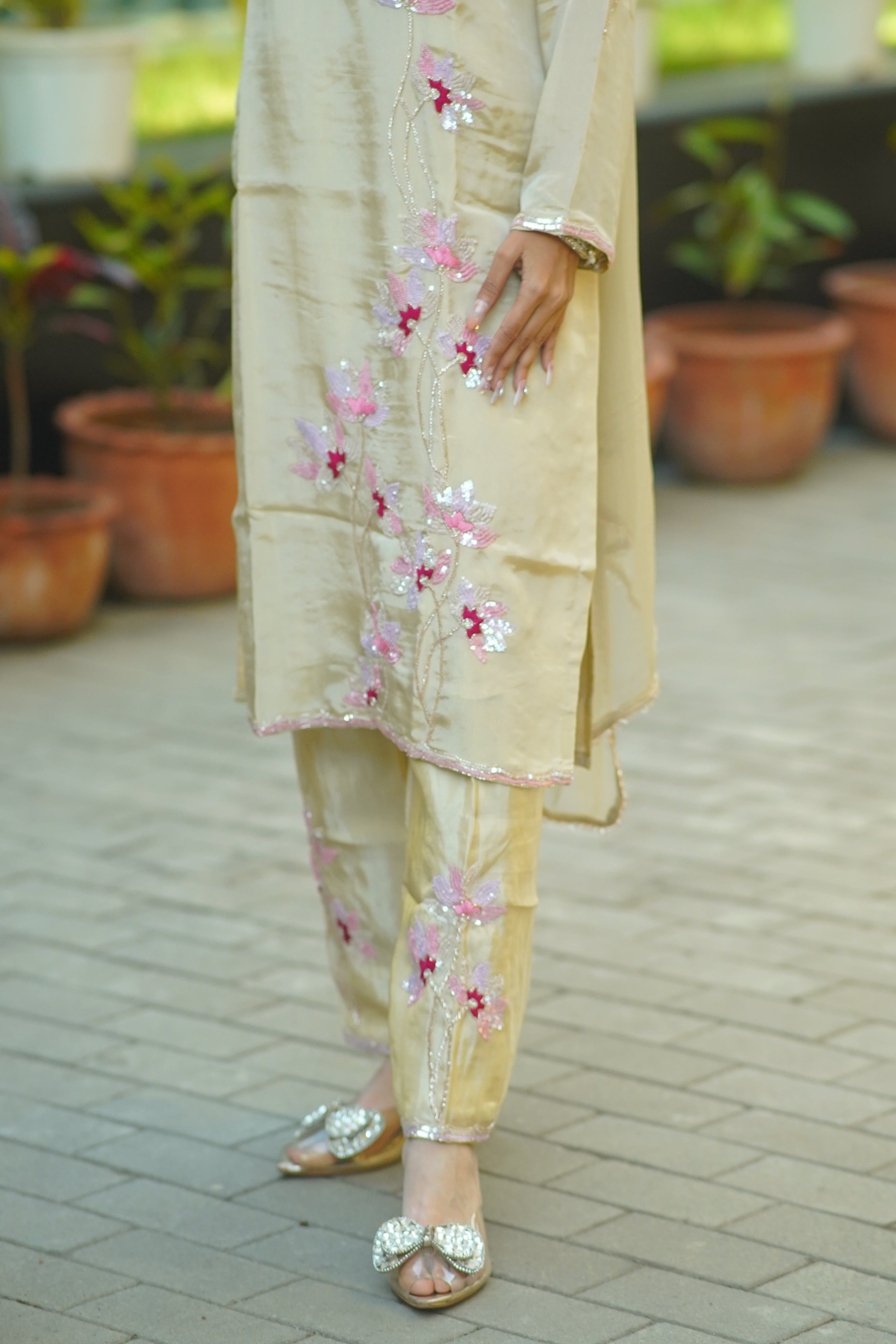 HO Silk Handworked Suit with Dupatta – Premium Floral Embellished Set