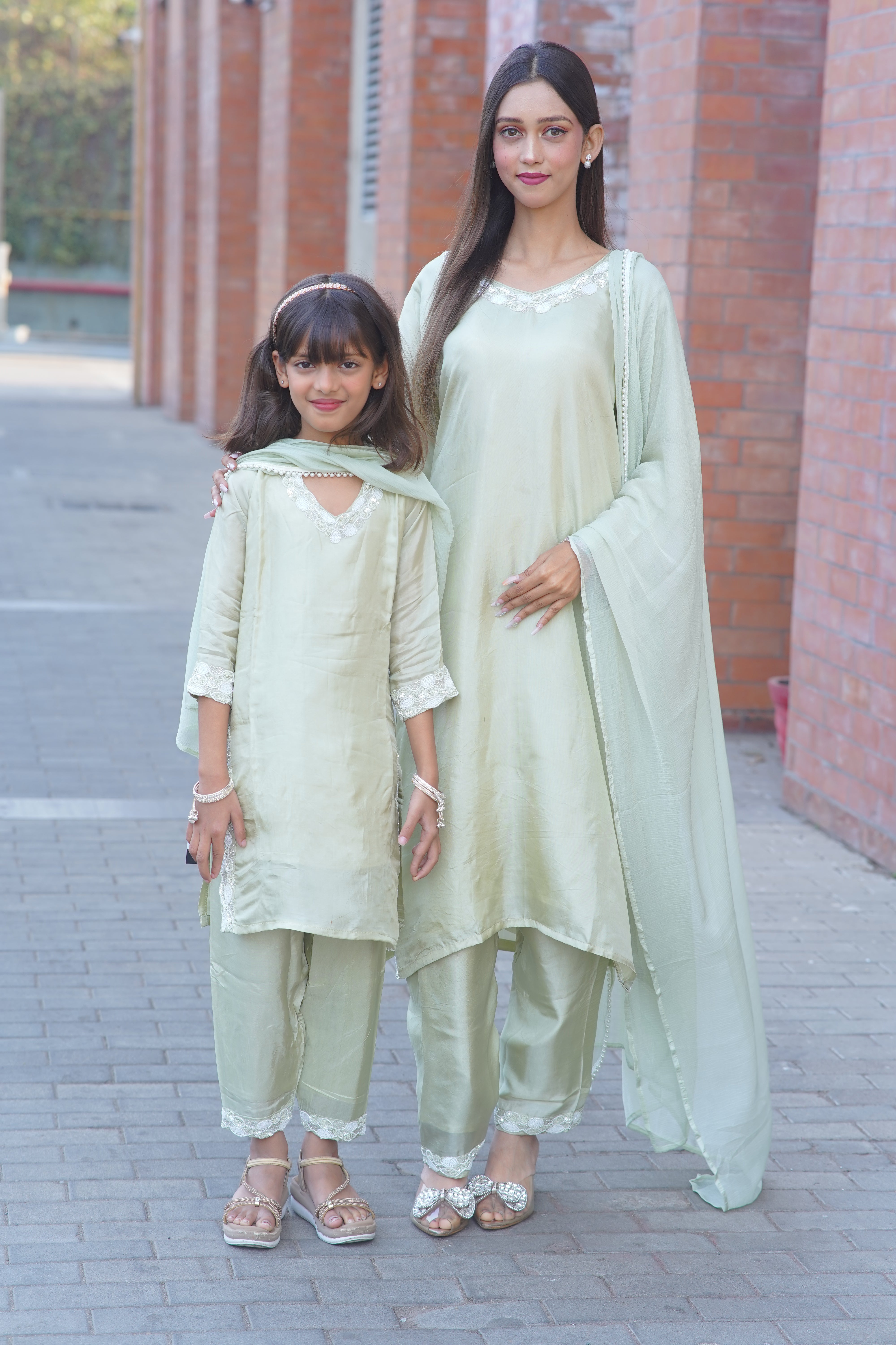 Mother–Daughter Matching HO Silk Handworked Suit Set – Pastel Collection