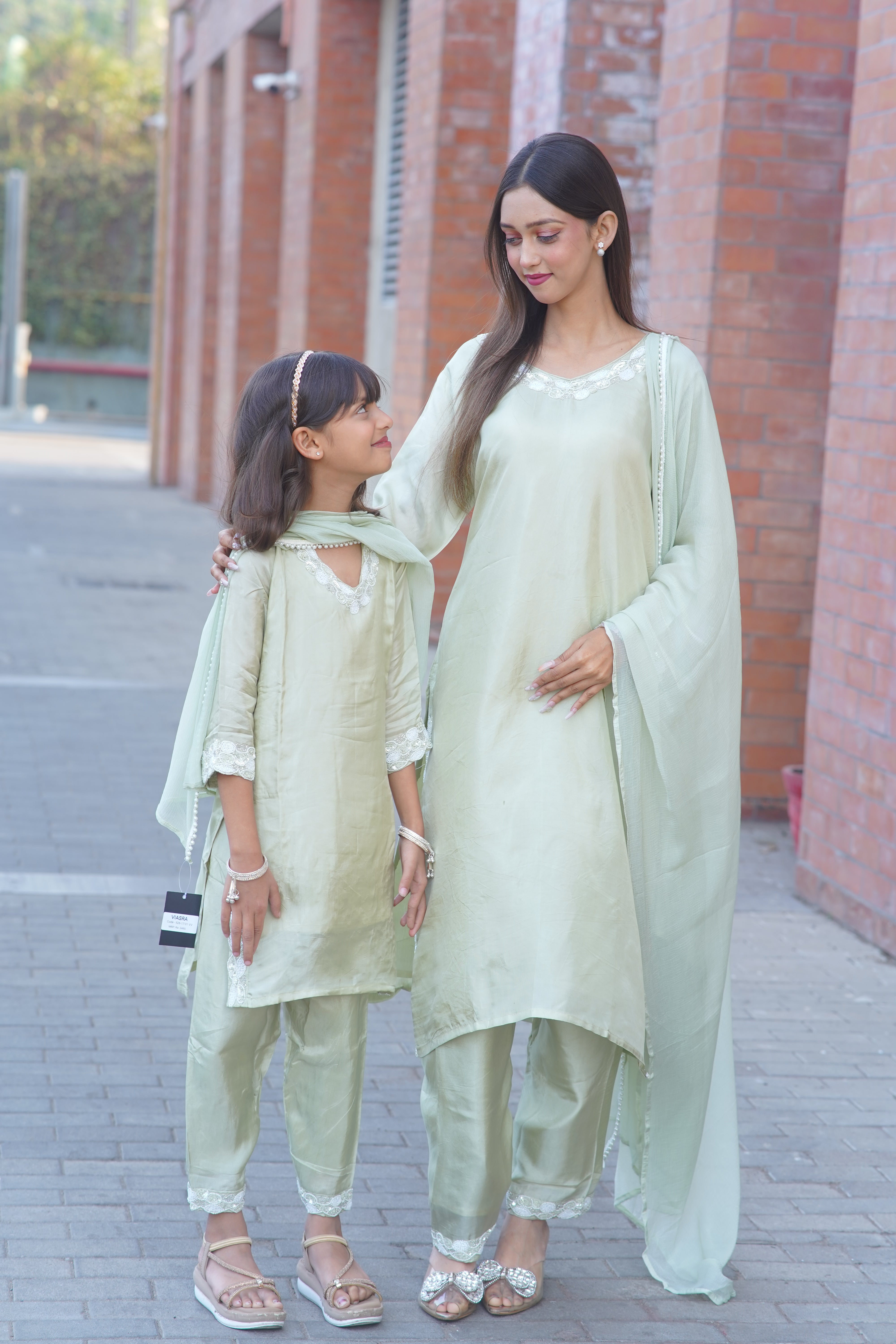 Mother–Daughter Matching HO Silk Handworked Suit Set – Pastel Collection