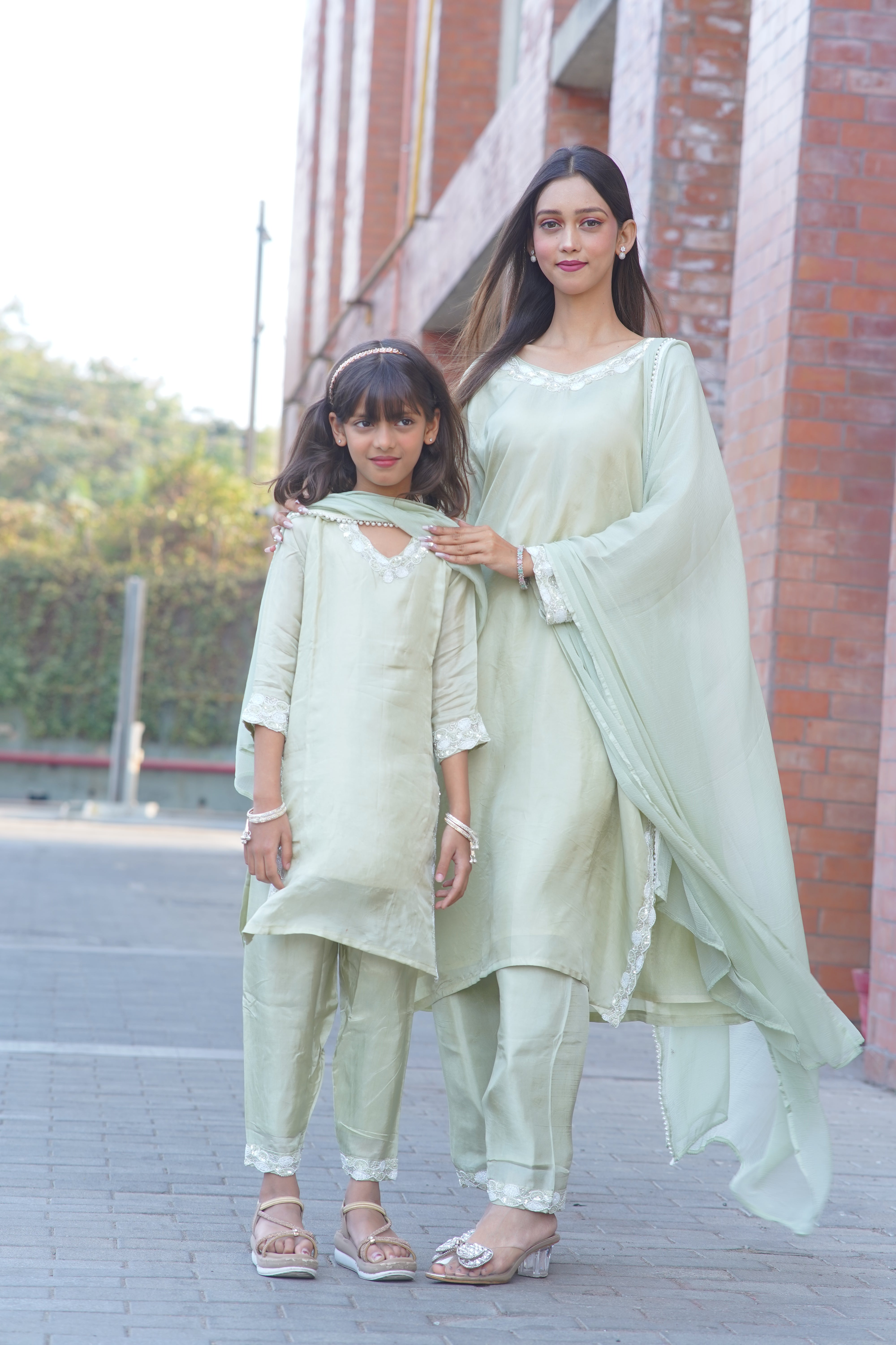 Mother–Daughter Matching HO Silk Handworked Suit Set – Pastel Collection