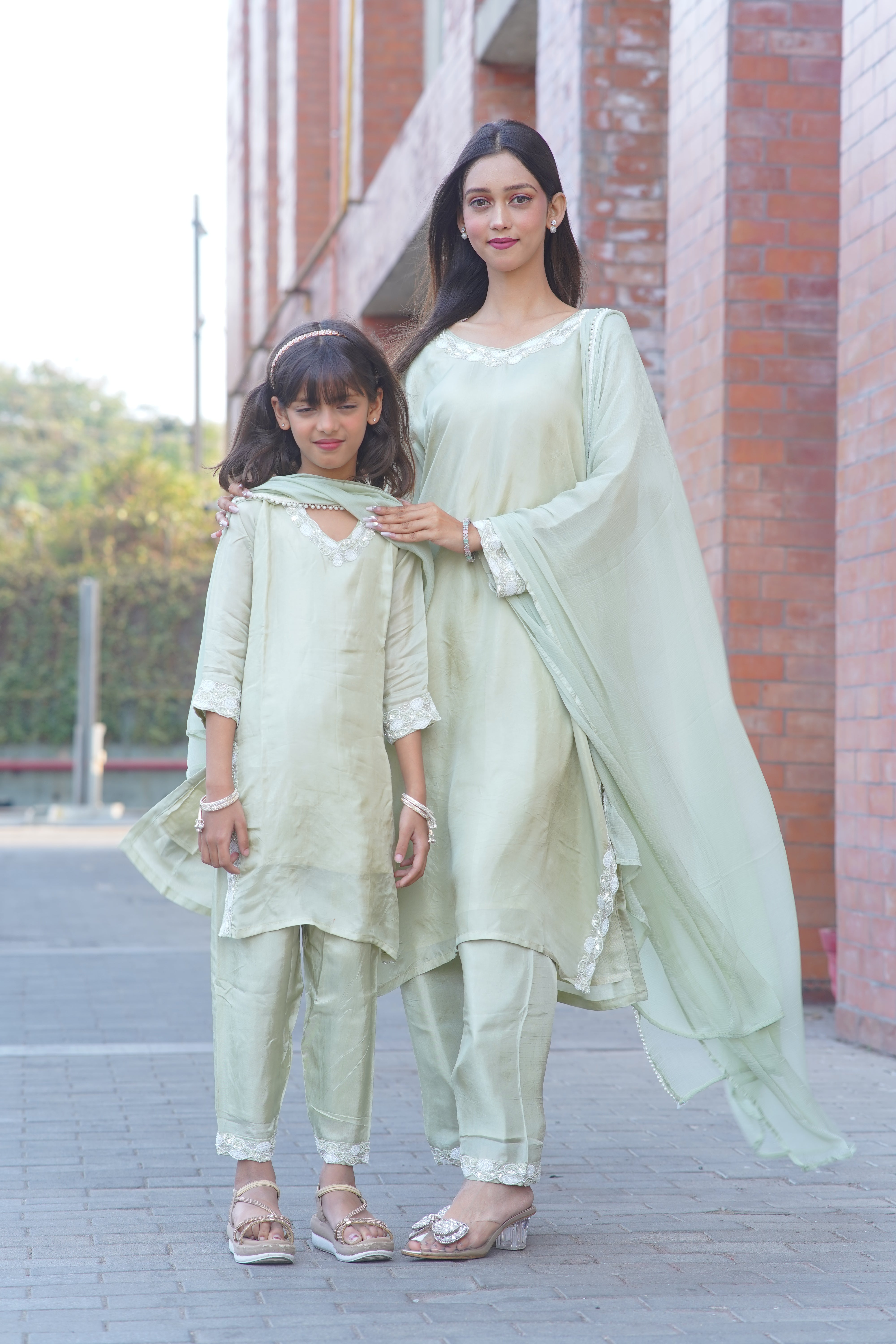 Mother–Daughter Matching HO Silk Handworked Suit Set – Pastel Collection