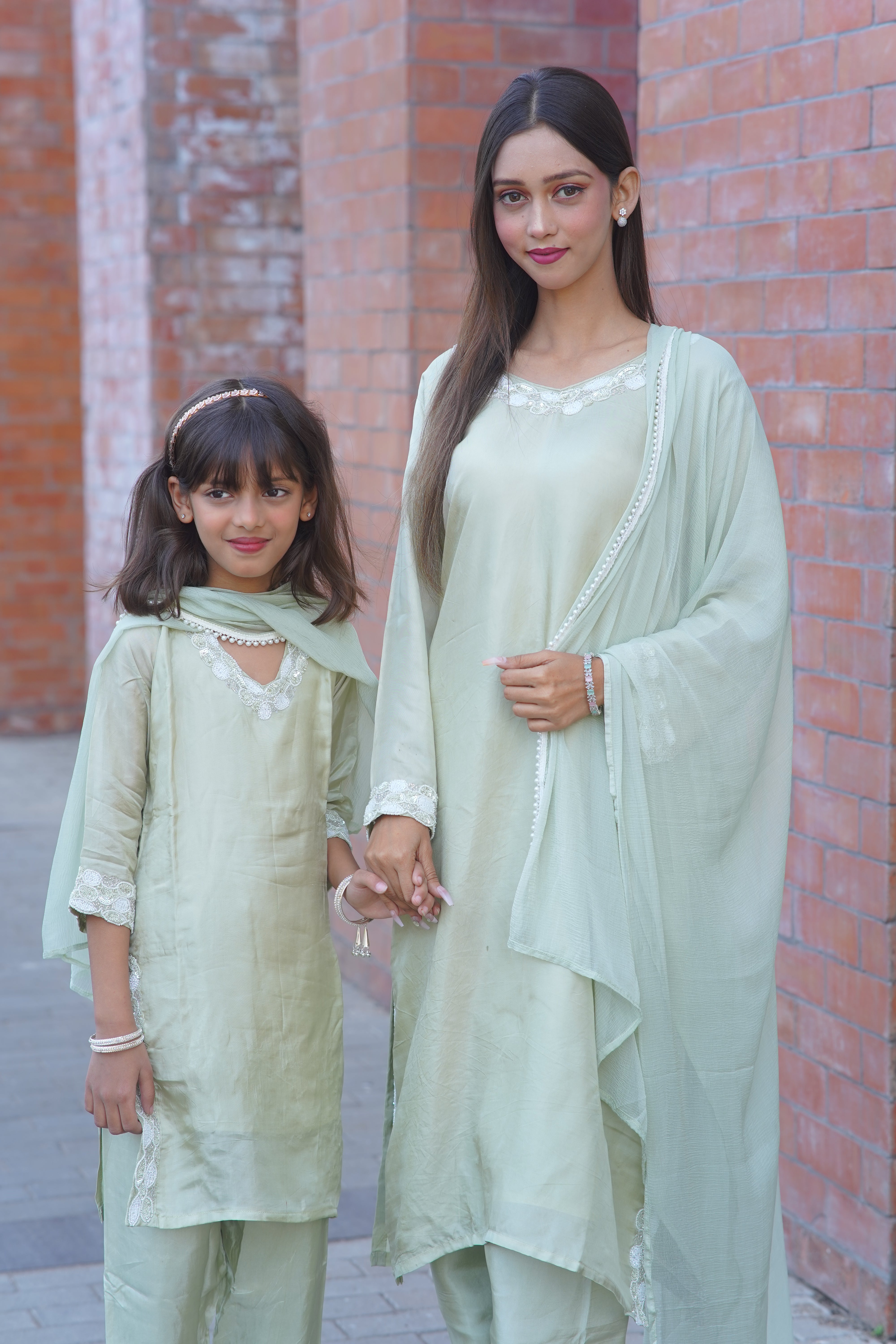 Mother–Daughter Matching HO Silk Handworked Suit Set – Pastel Collection
