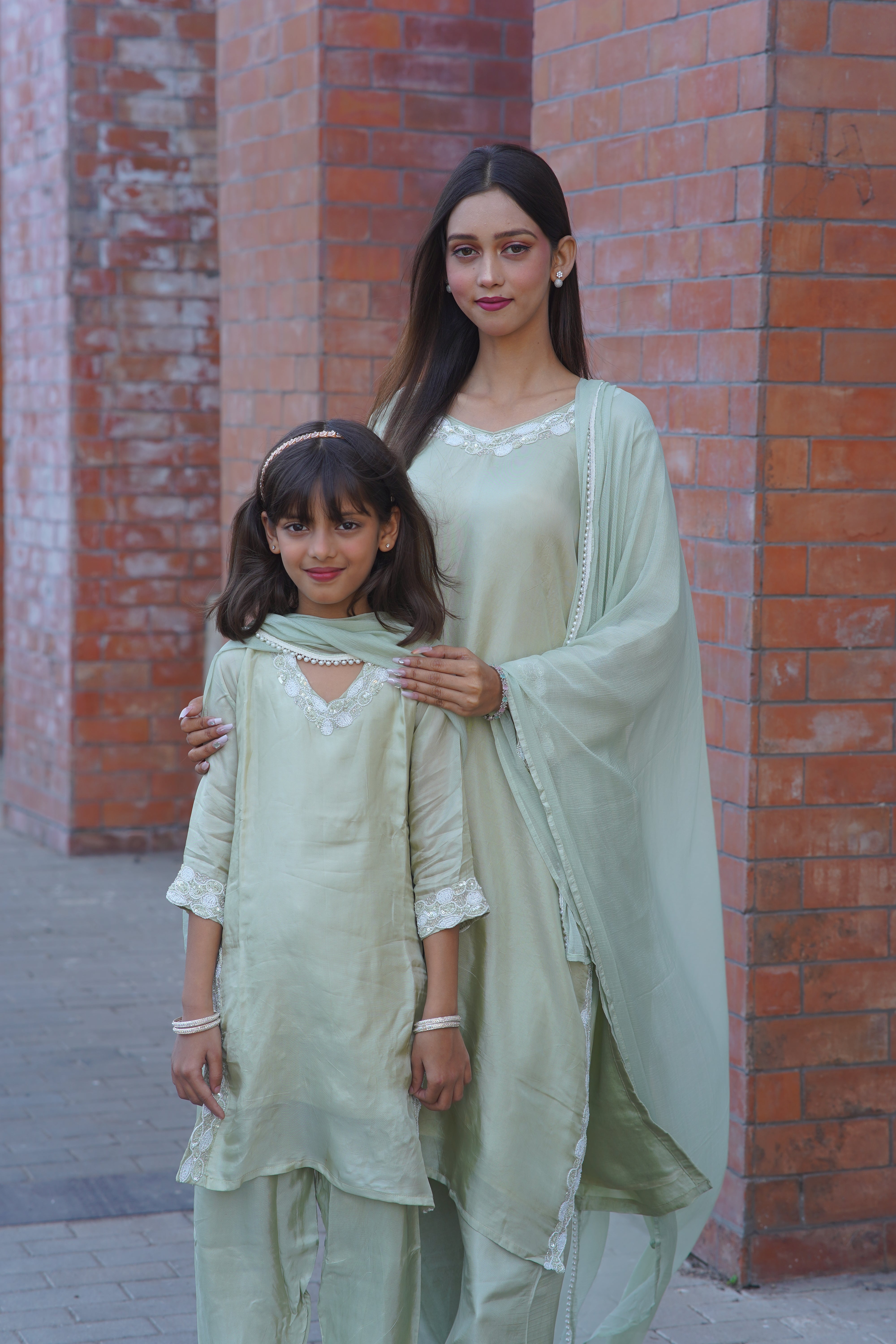 Mother–Daughter Matching HO Silk Handworked Suit Set – Pastel Collection