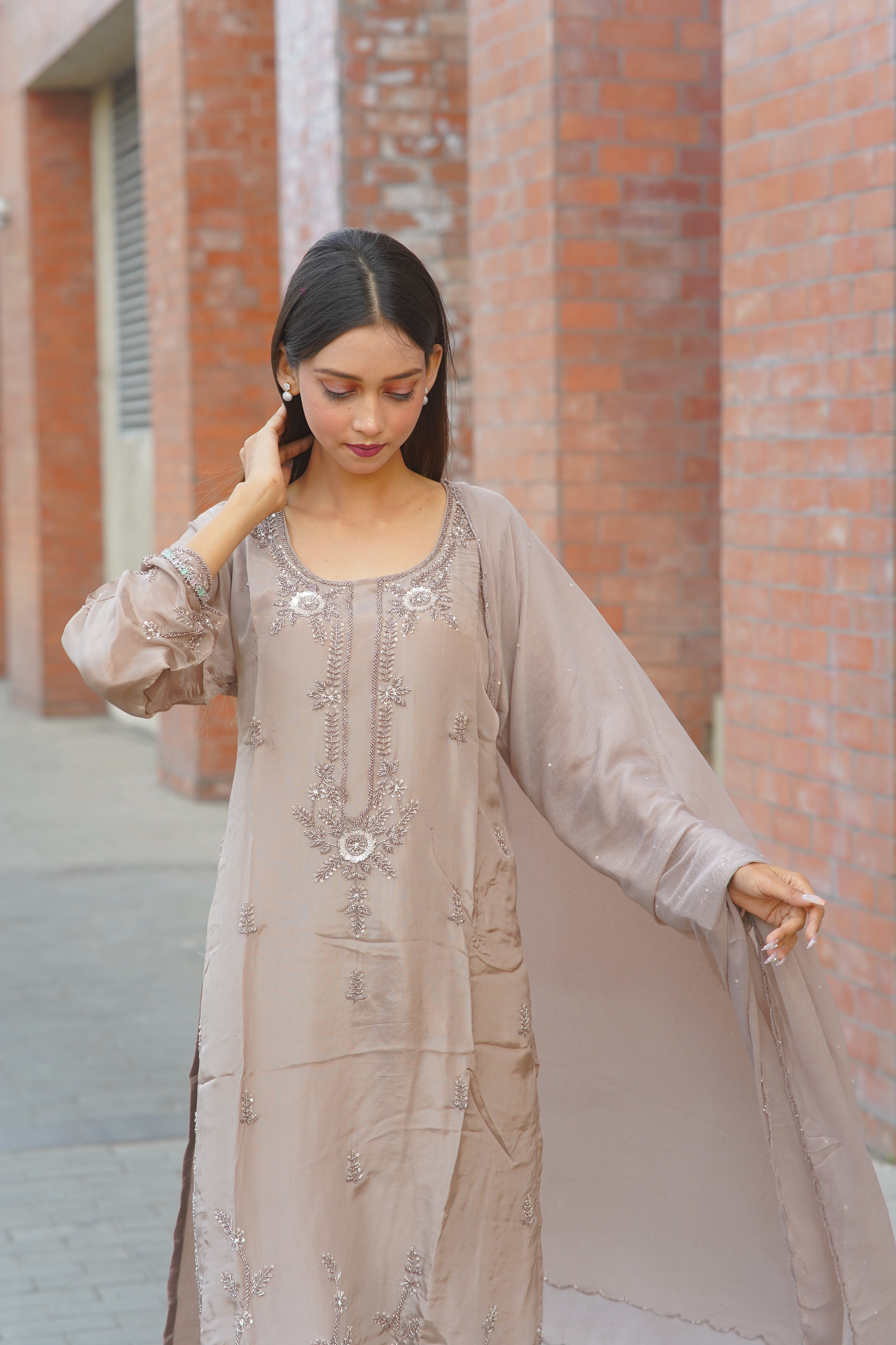 Premium HO Silk Handwork Suit – Elegant Taupe Ensemble