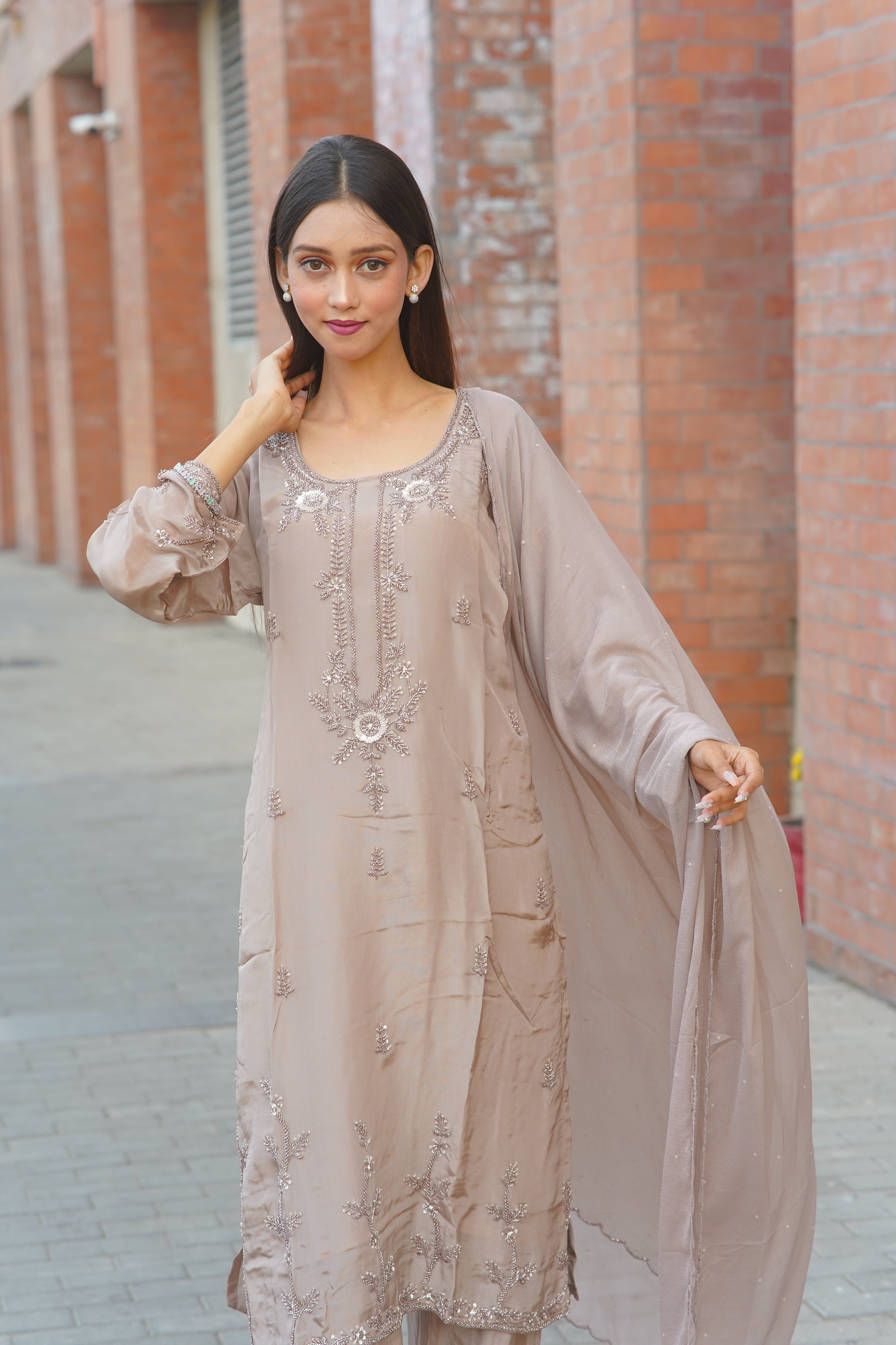 Premium HO Silk Handwork Suit – Elegant Taupe Ensemble