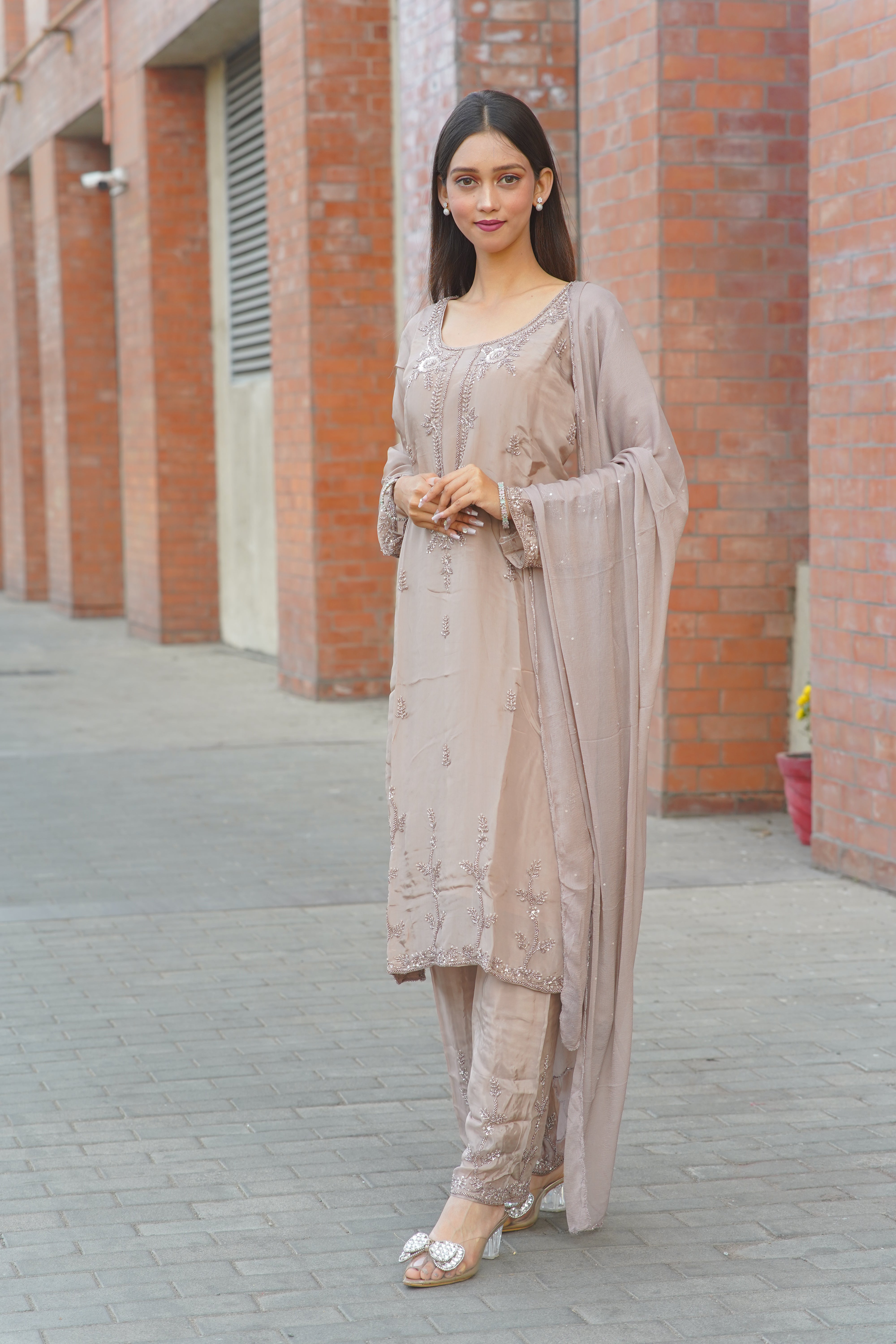 Premium HO Silk Handwork Suit – Elegant Taupe Ensemble