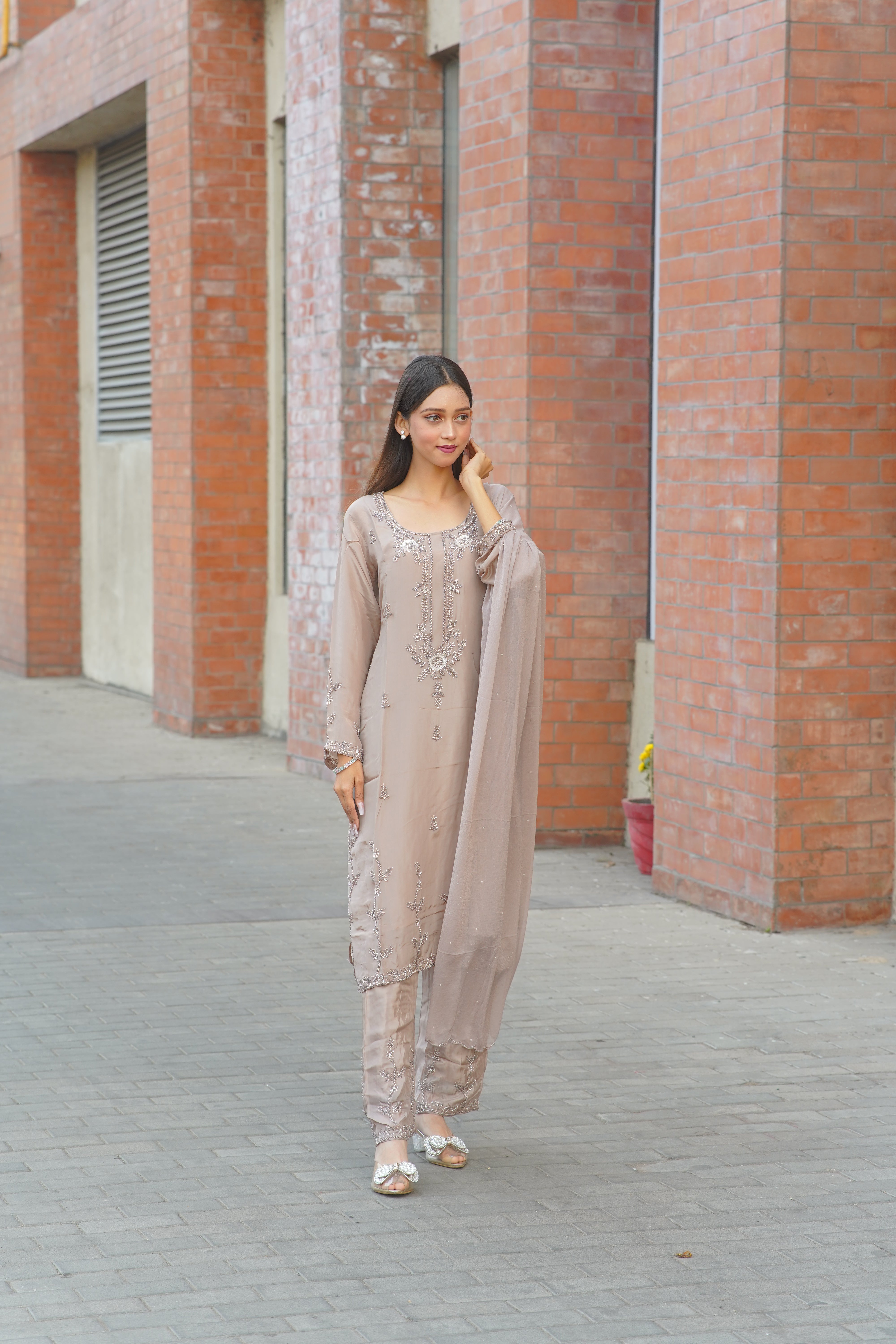 Premium HO Silk Handwork Suit – Elegant Taupe Ensemble