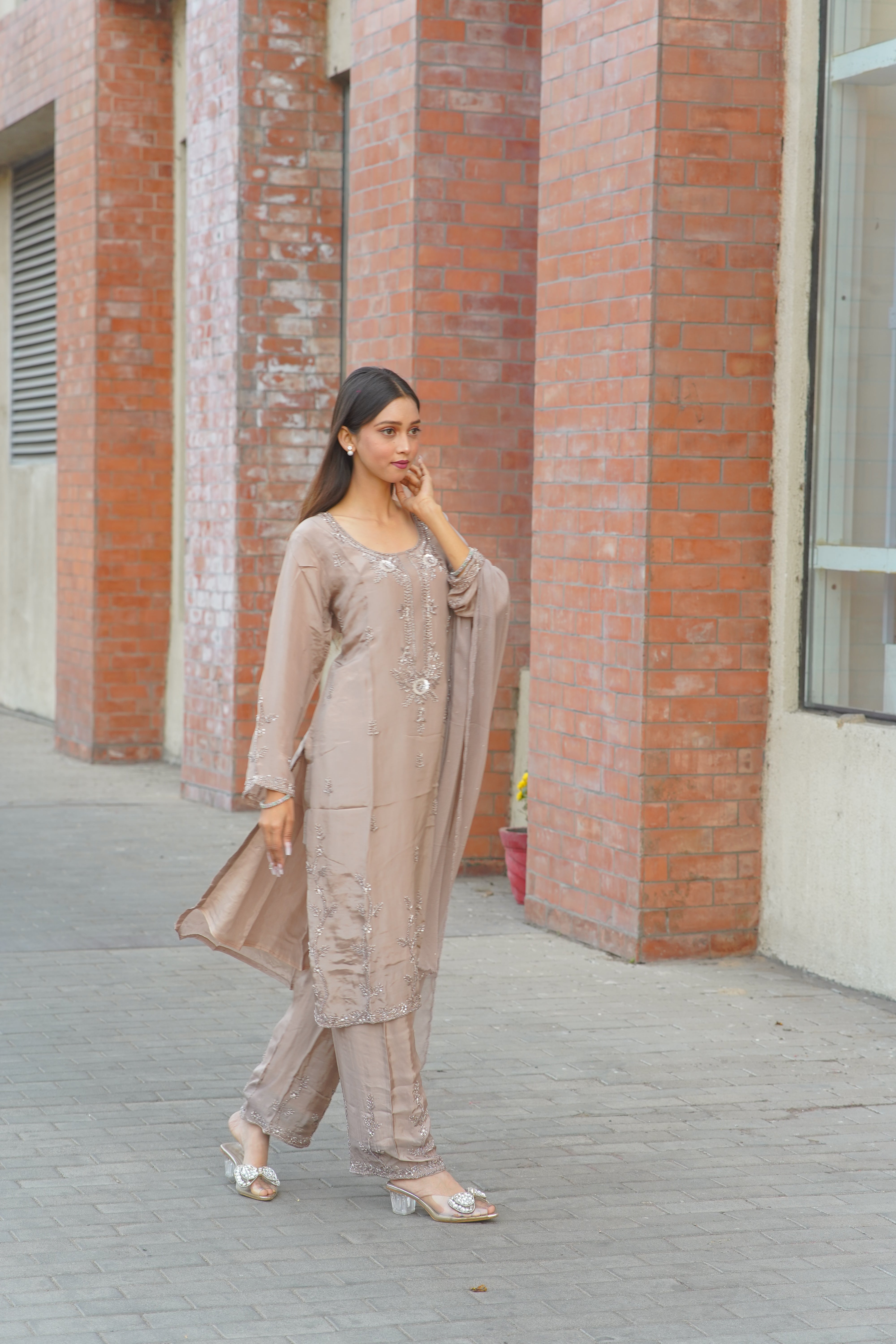 Premium HO Silk Handwork Suit – Elegant Taupe Ensemble