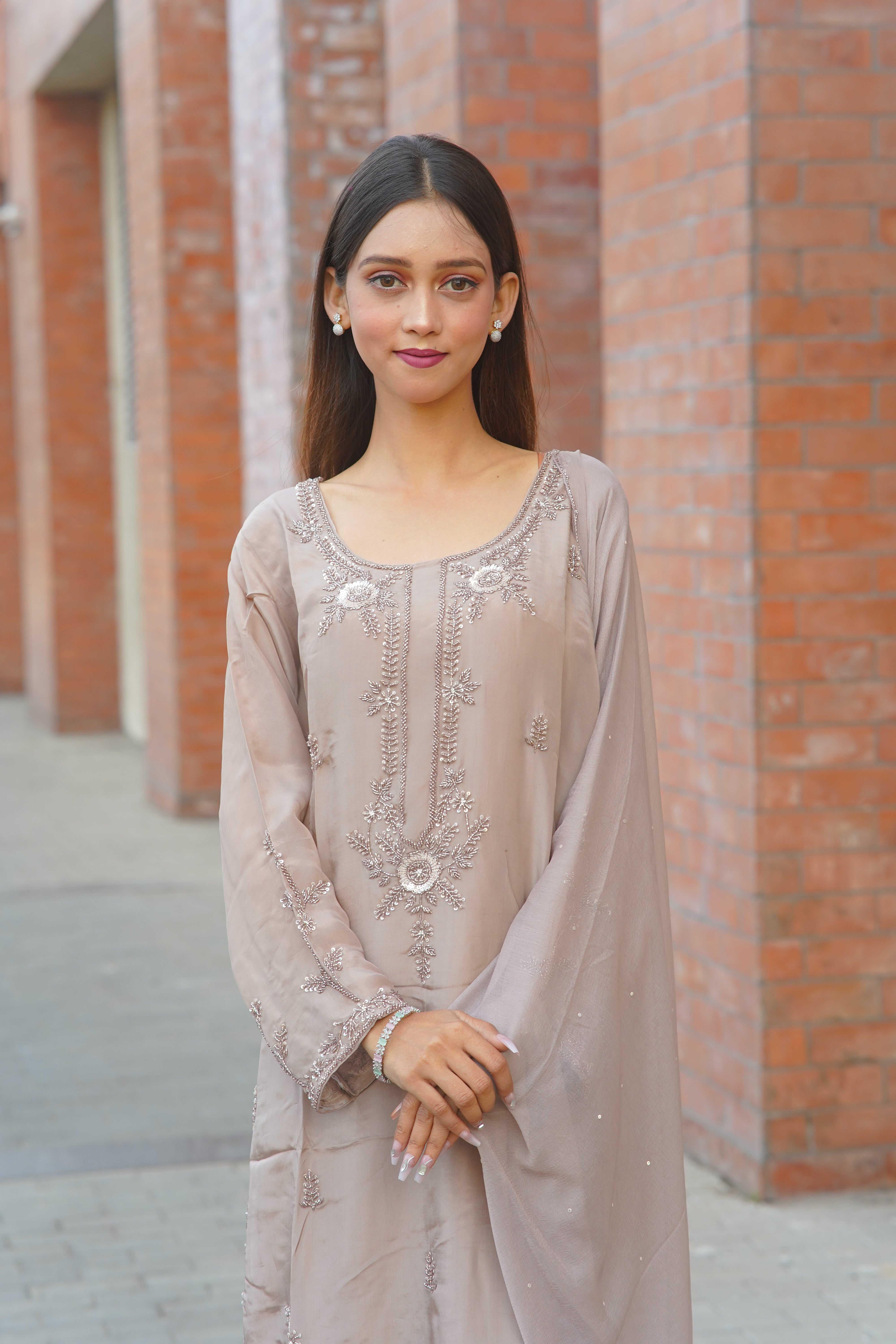 Premium HO Silk Handwork Suit – Elegant Taupe Ensemble