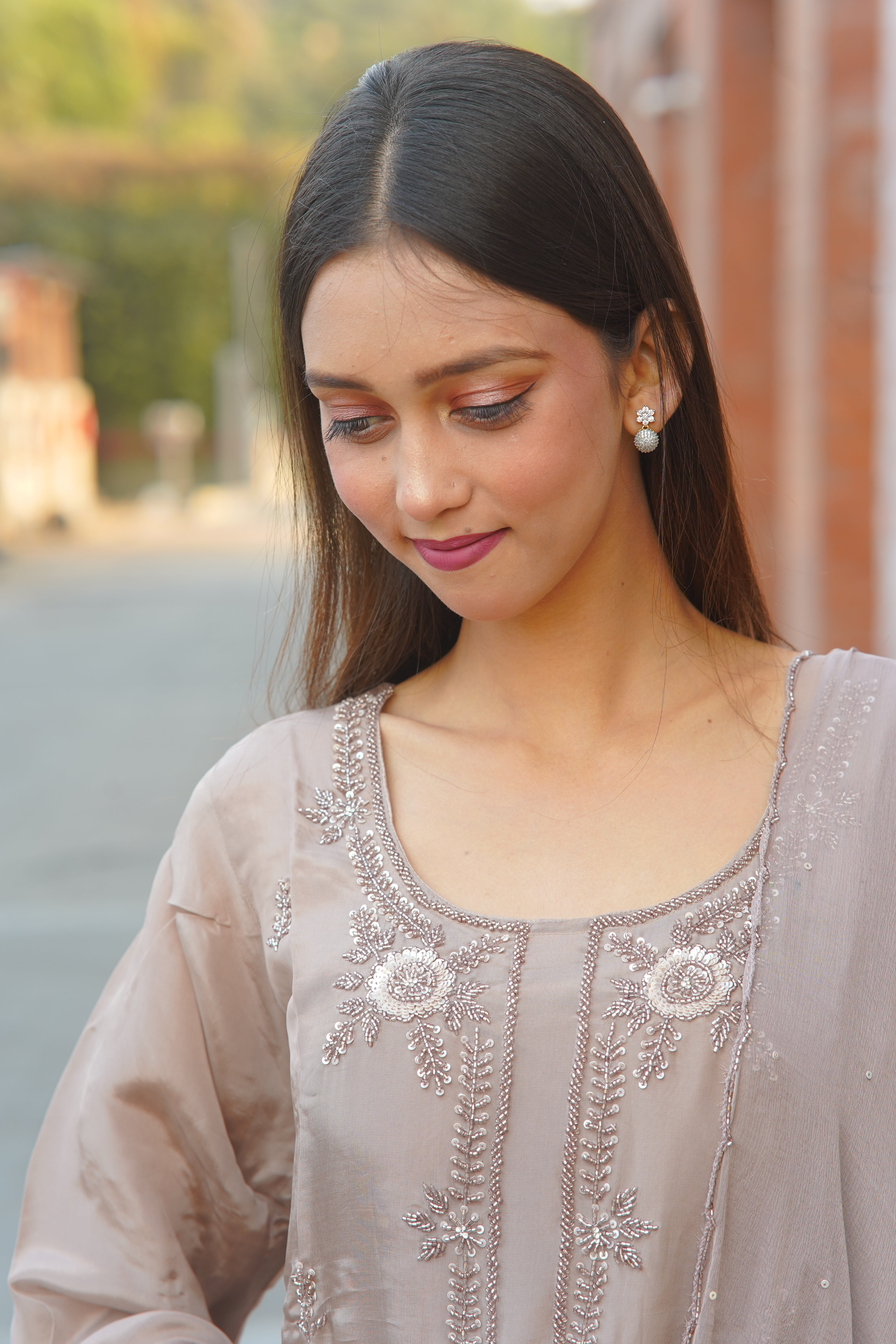 Premium HO Silk Handwork Suit – Elegant Taupe Ensemble