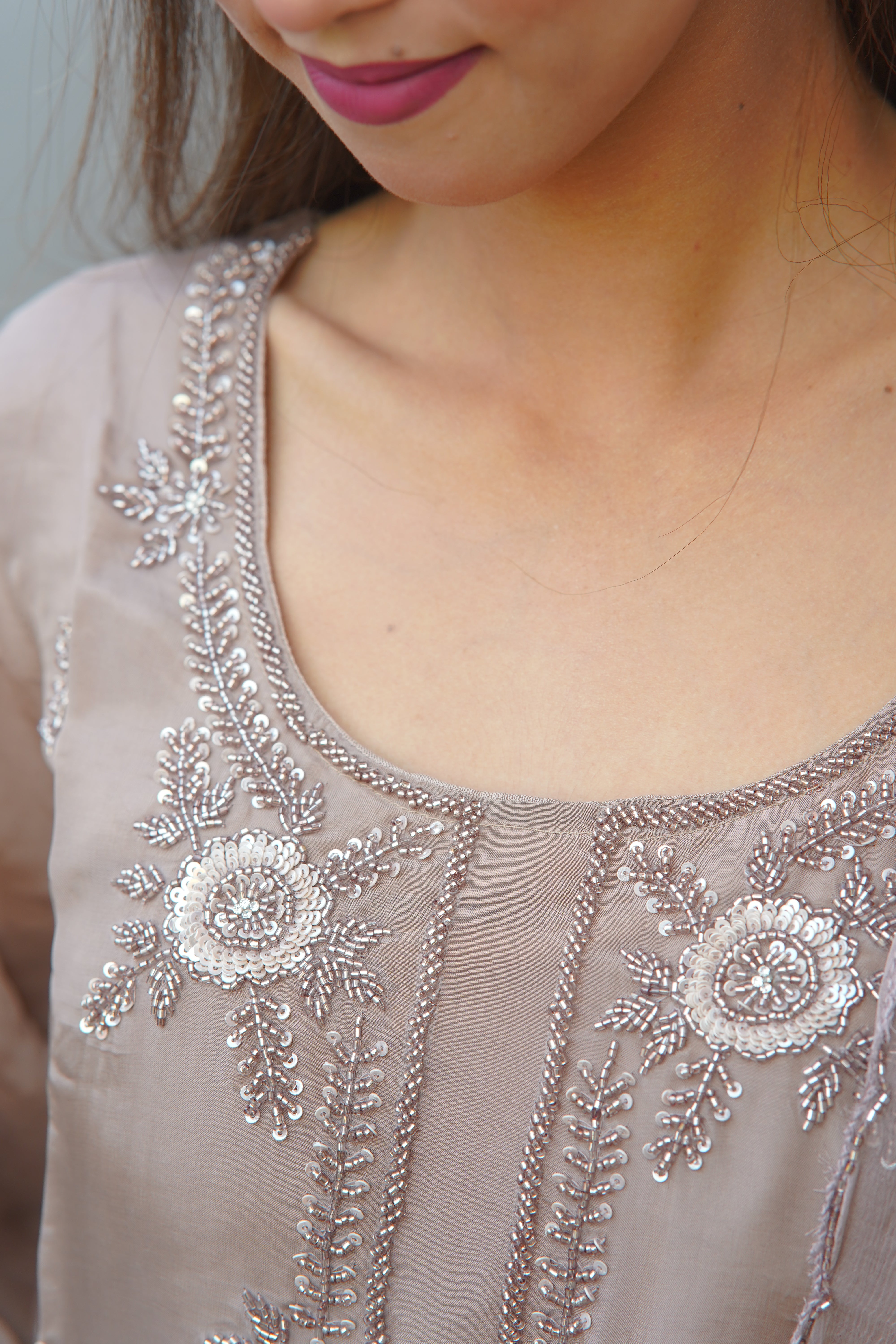 Premium HO Silk Handwork Suit – Elegant Taupe Ensemble