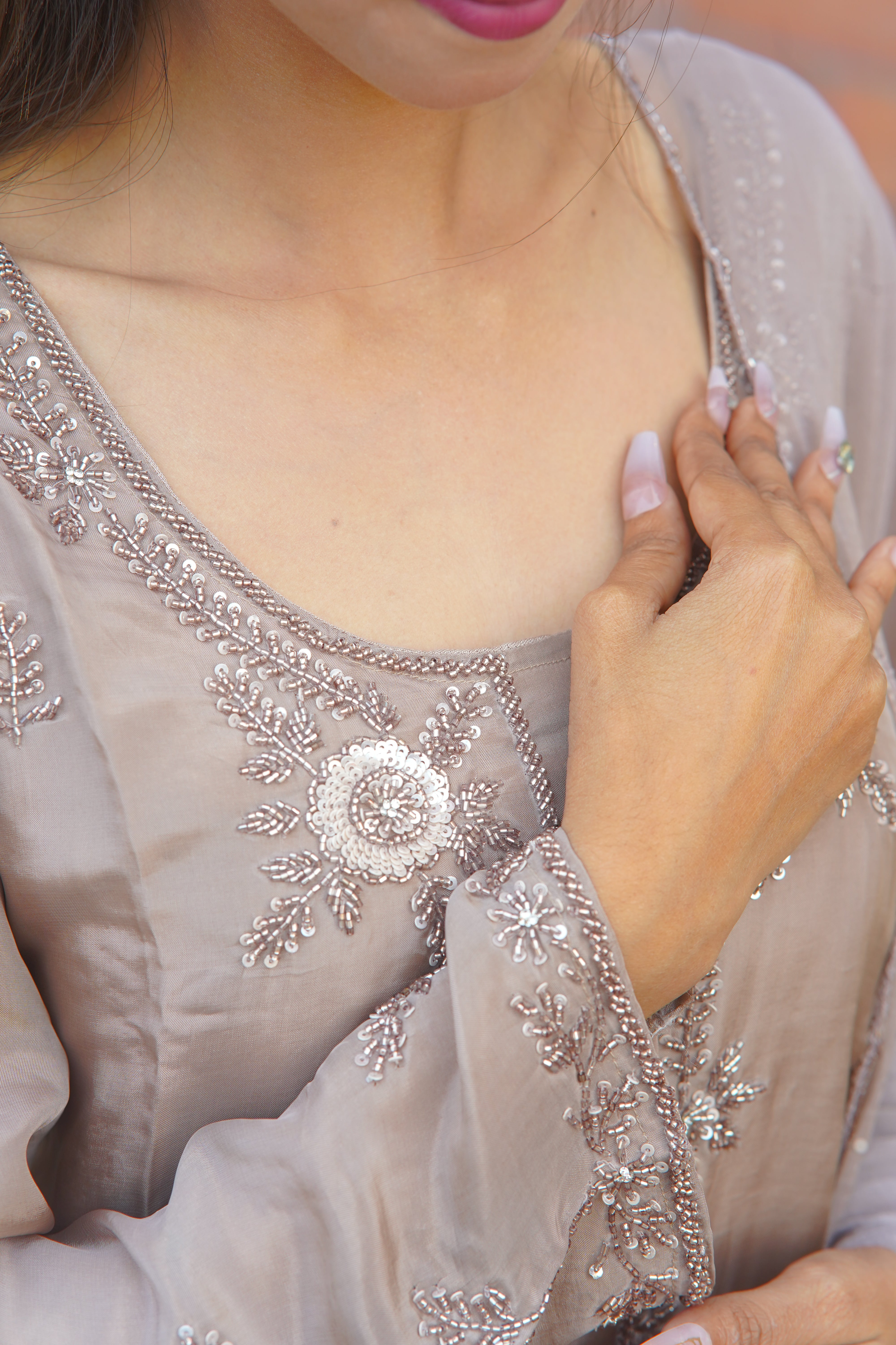 Premium HO Silk Handwork Suit – Elegant Taupe Ensemble