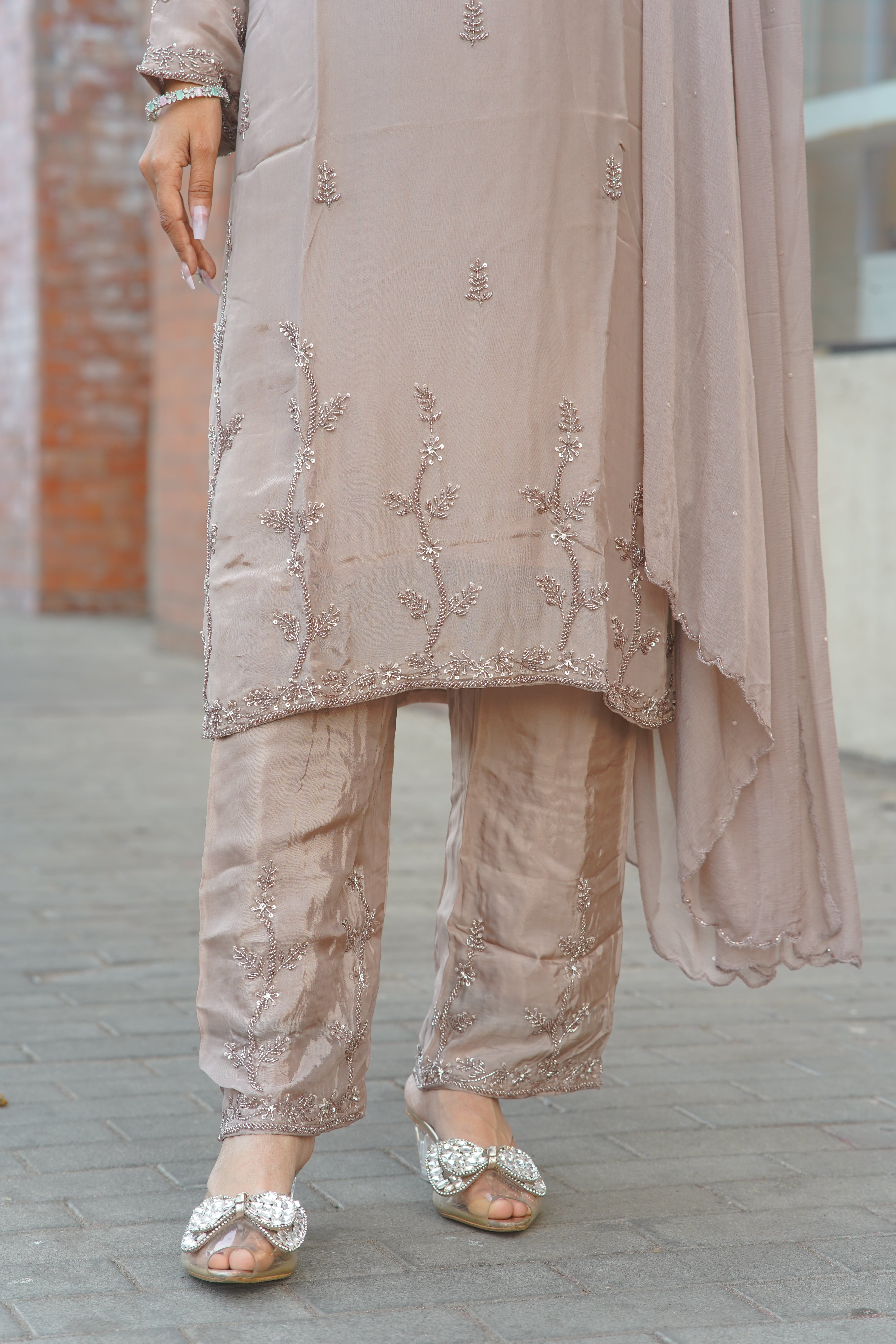 Premium HO Silk Handwork Suit – Elegant Taupe Ensemble
