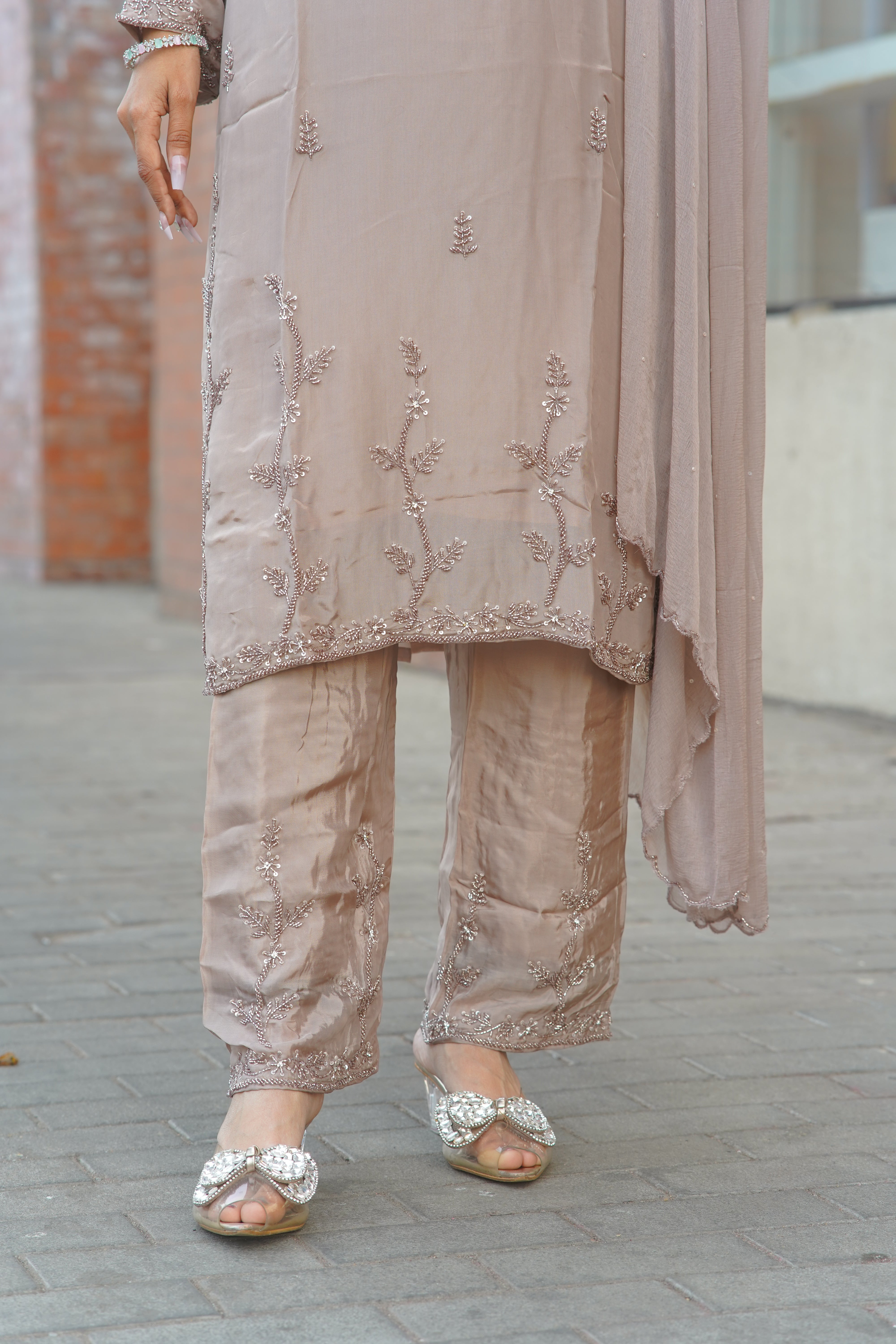 Premium HO Silk Handwork Suit – Elegant Taupe Ensemble