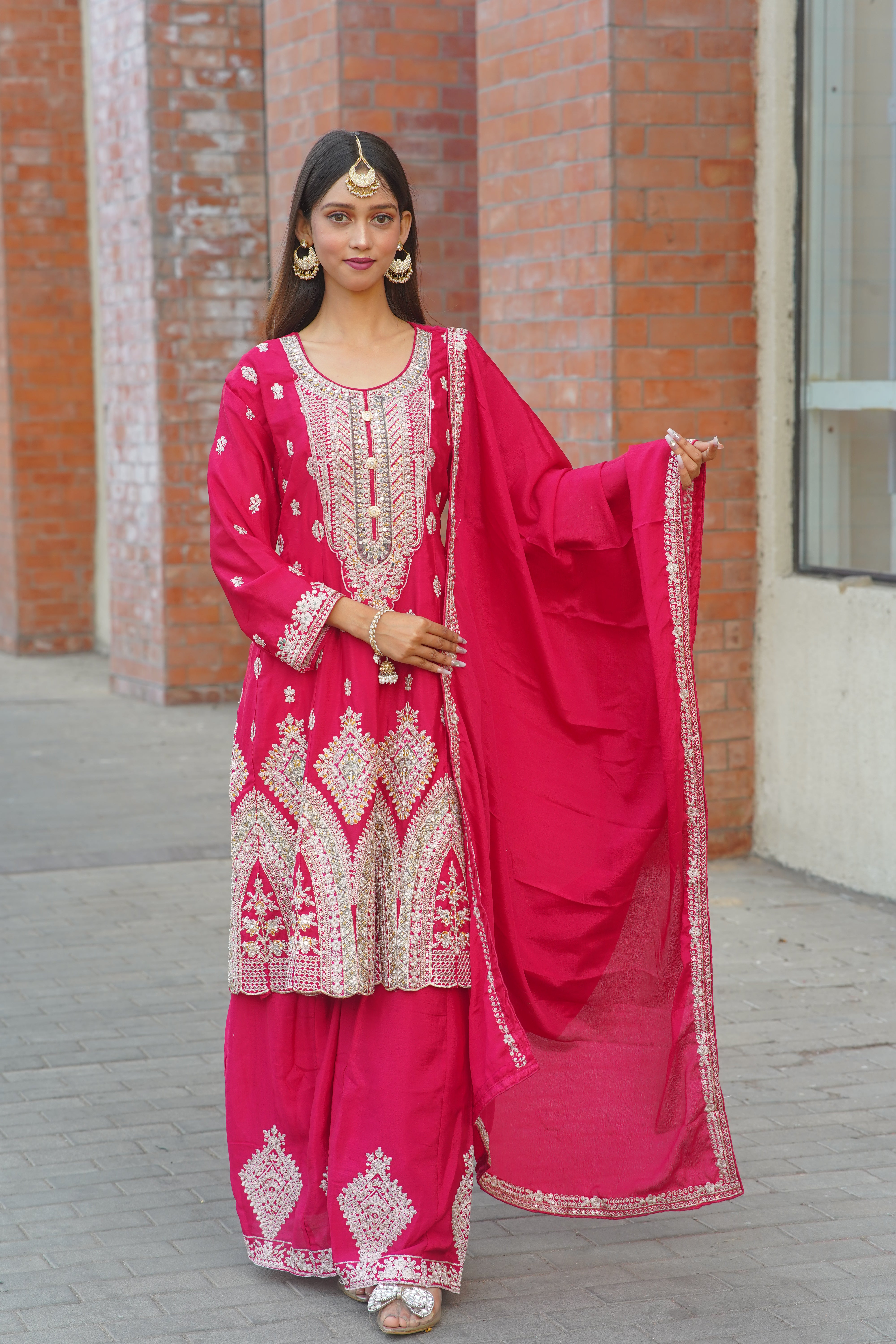 Premium Chinon Chiffon Suit with Heavy Jarkan Embroidery & Four‑Side Border Dupatta