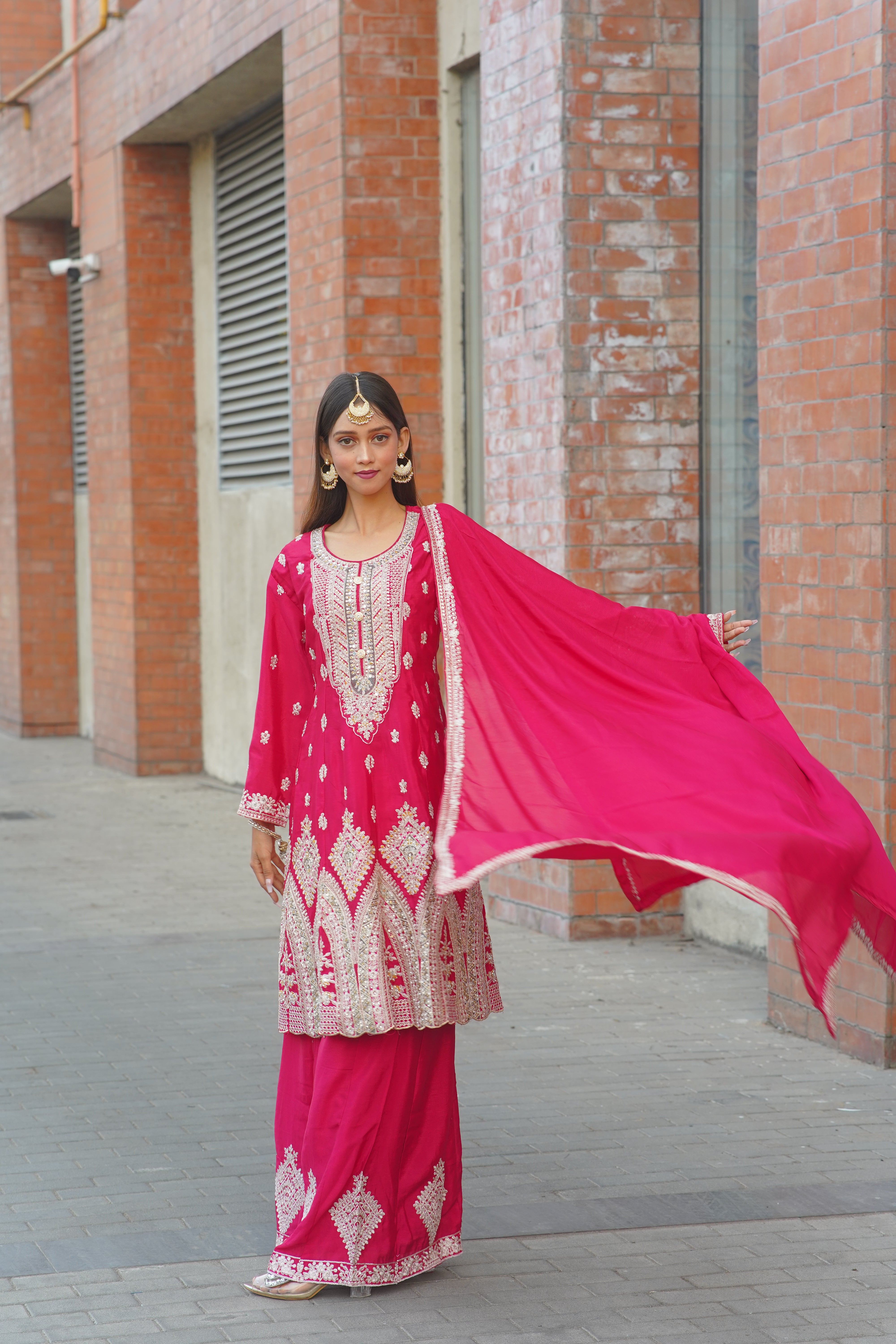 Premium Chinon Chiffon Suit with Heavy Jarkan Embroidery & Four‑Side Border Dupatta