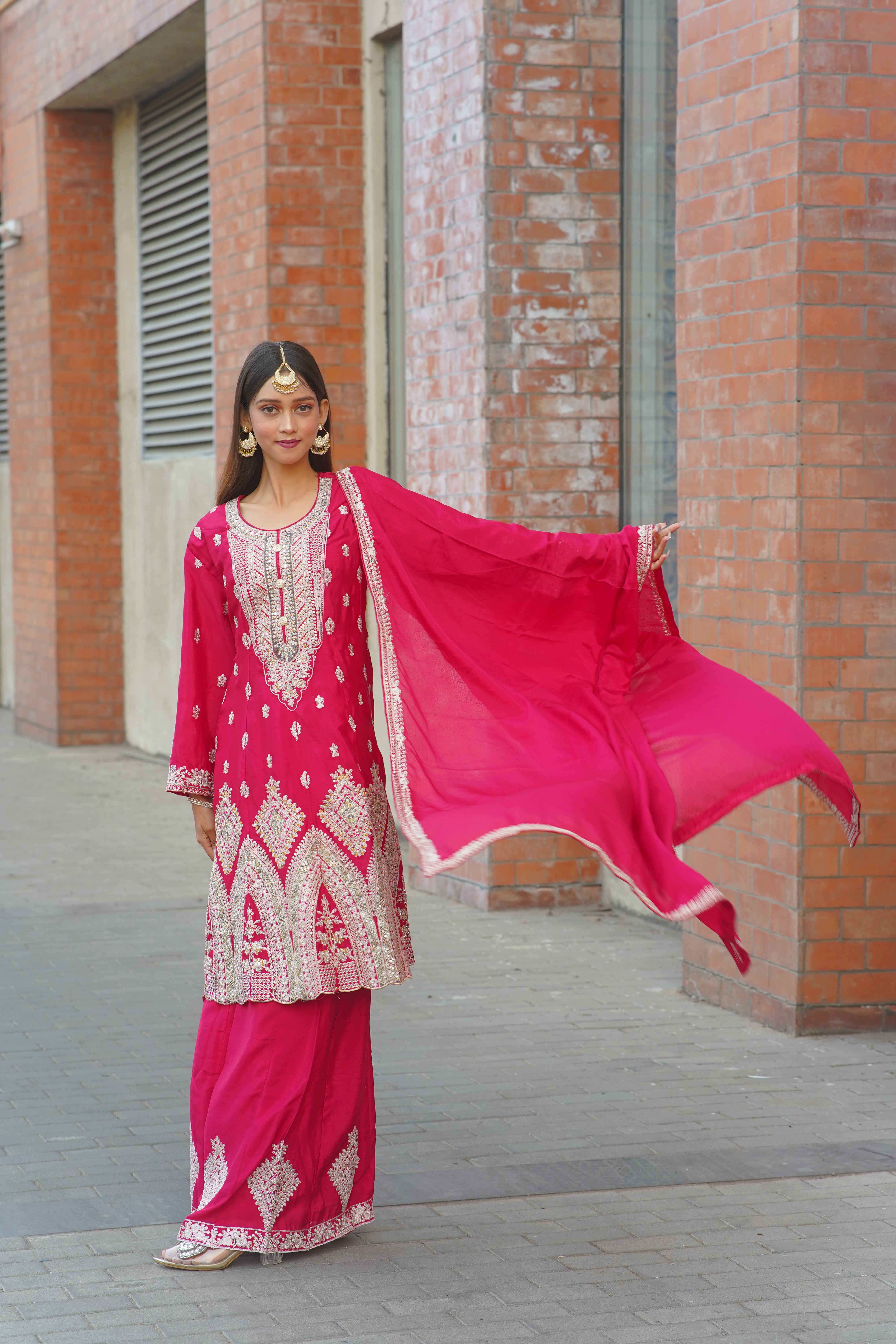 Premium Chinon Chiffon Suit with Heavy Jarkan Embroidery & Four‑Side Border Dupatta
