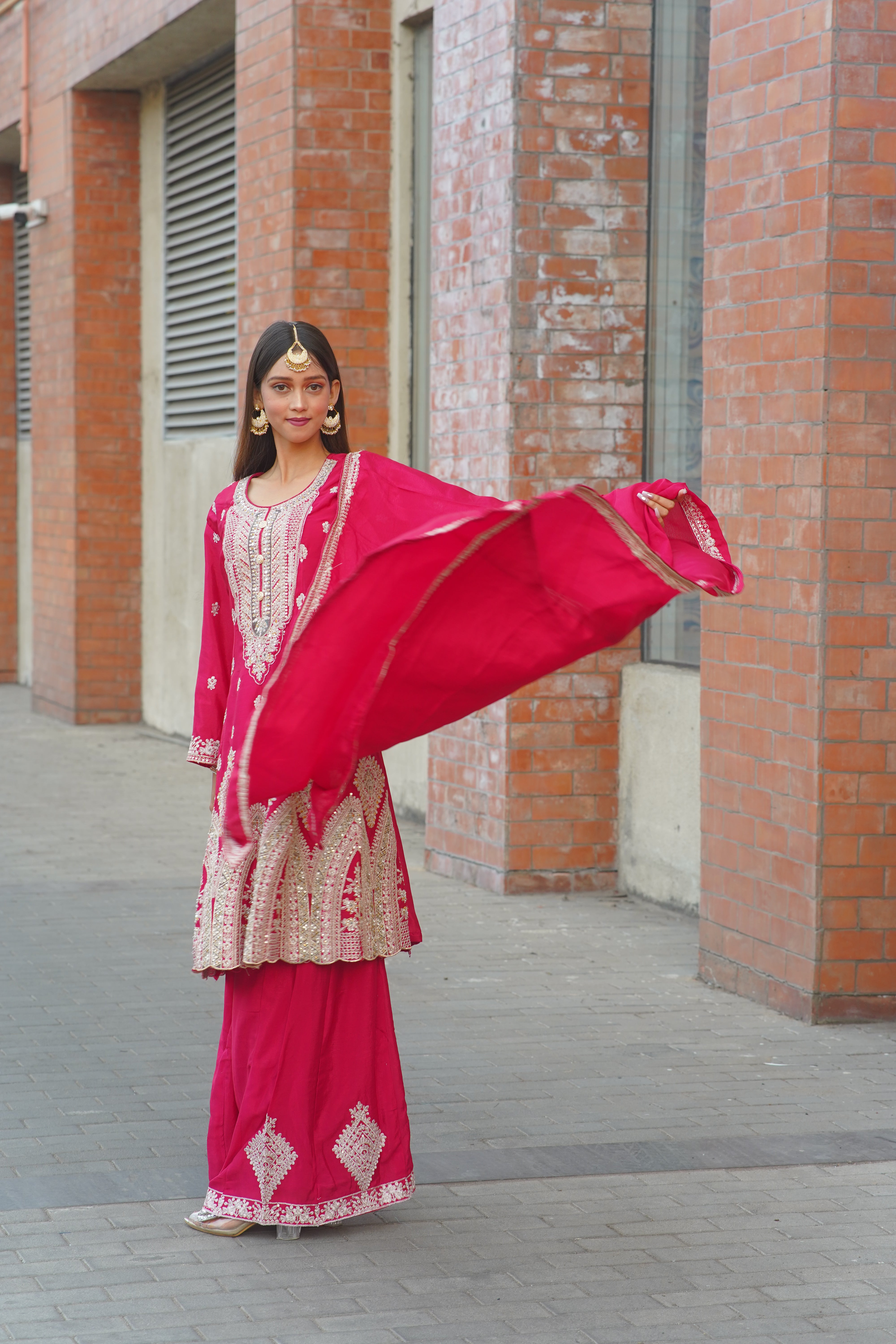 Premium Chinon Chiffon Suit with Heavy Jarkan Embroidery & Four‑Side Border Dupatta