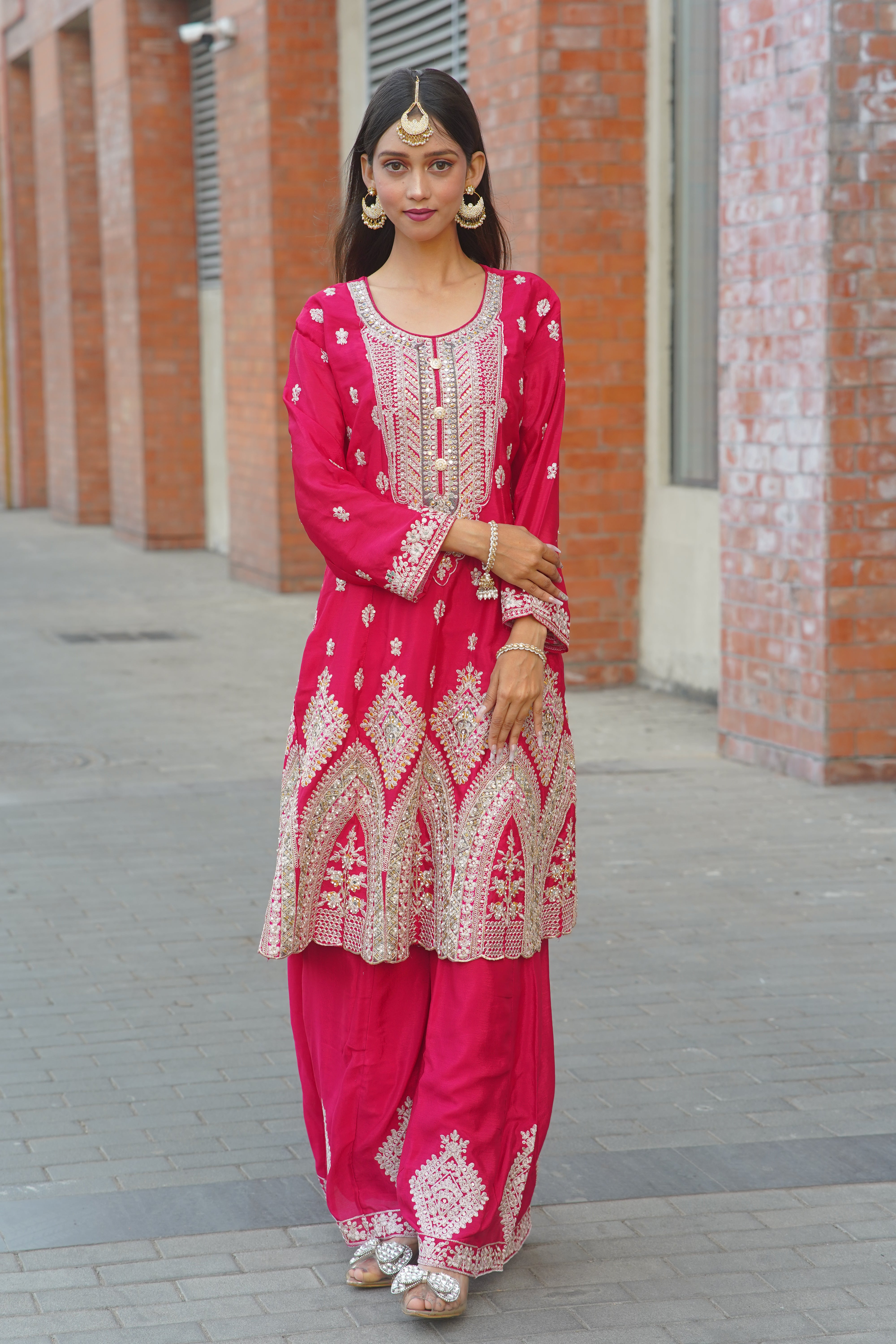 Premium Chinon Chiffon Suit with Heavy Jarkan Embroidery & Four‑Side Border Dupatta
