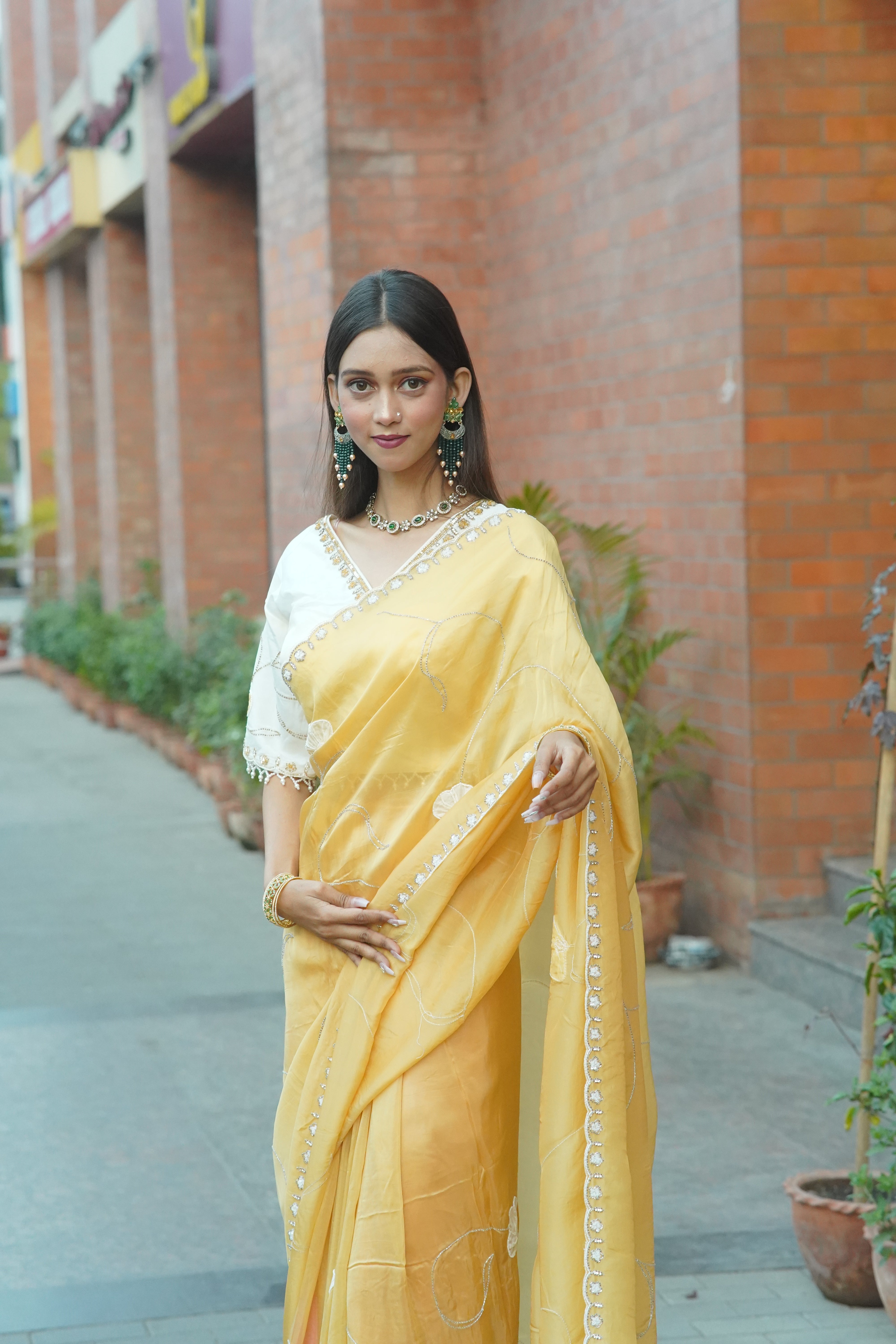 Mustard Yellow HO Silk Saree- Elegant Hand-Embellished Design