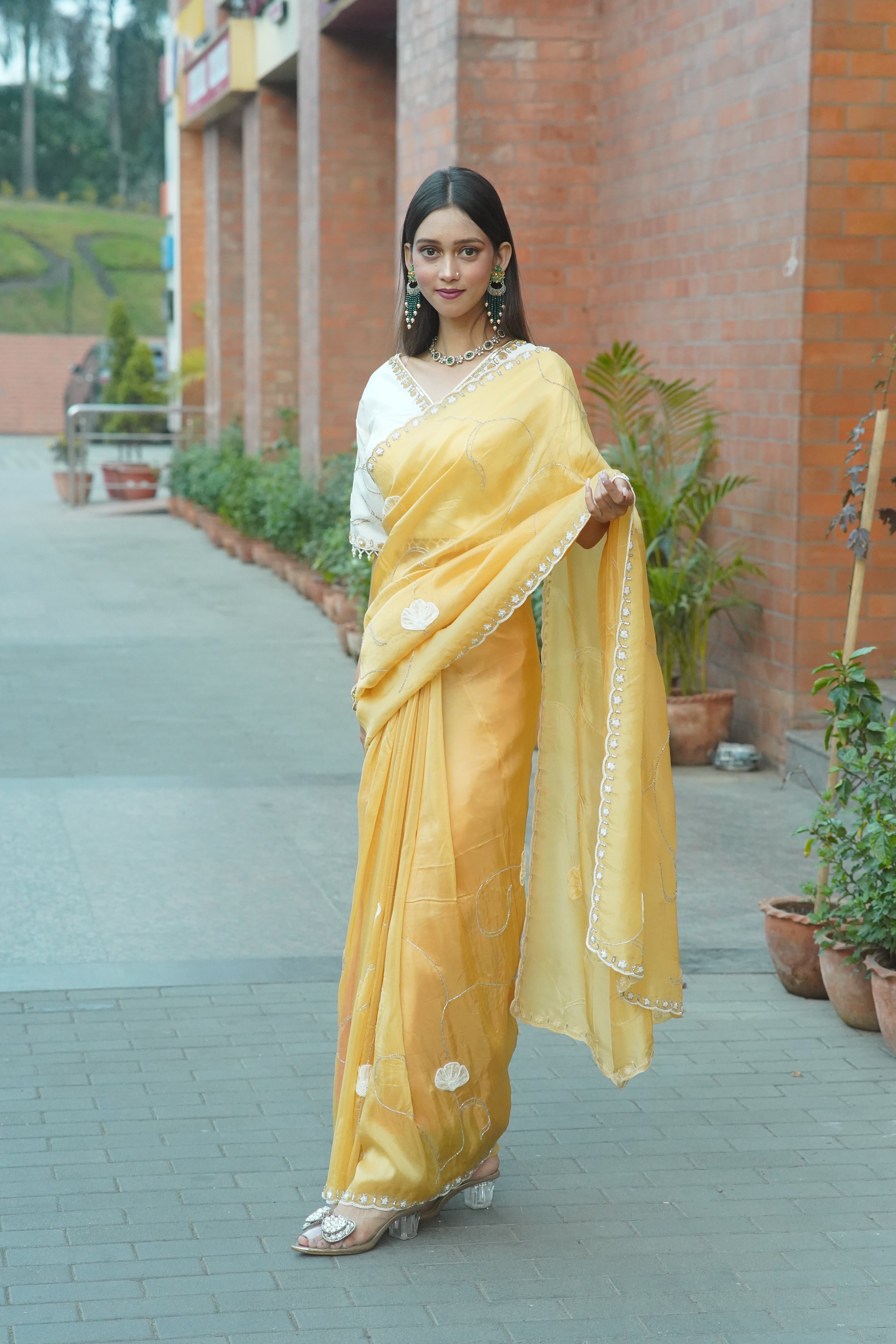 Mustard Yellow HO Silk Saree- Elegant Hand-Embellished Design
