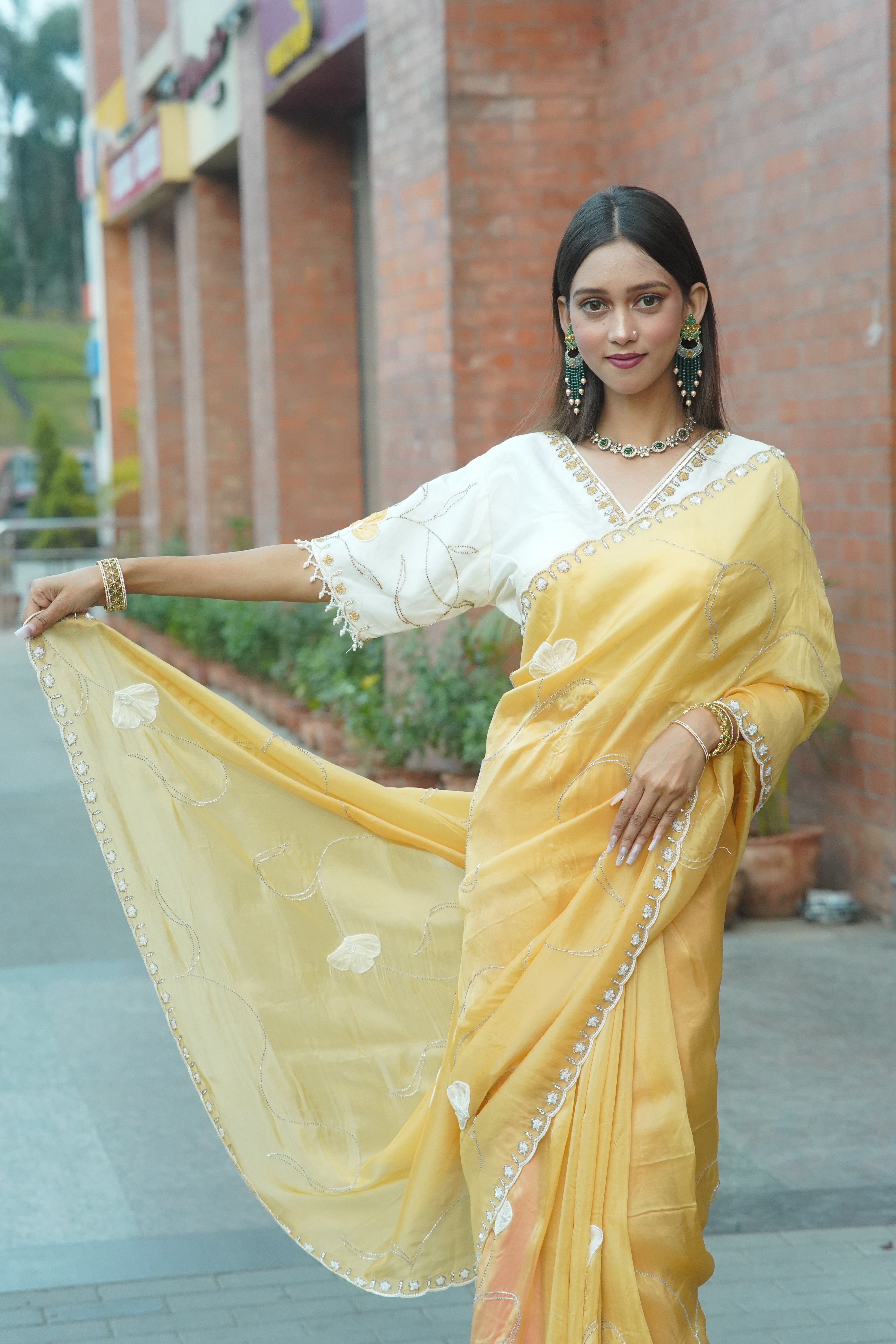 Mustard Yellow HO Silk Saree- Elegant Hand-Embellished Design