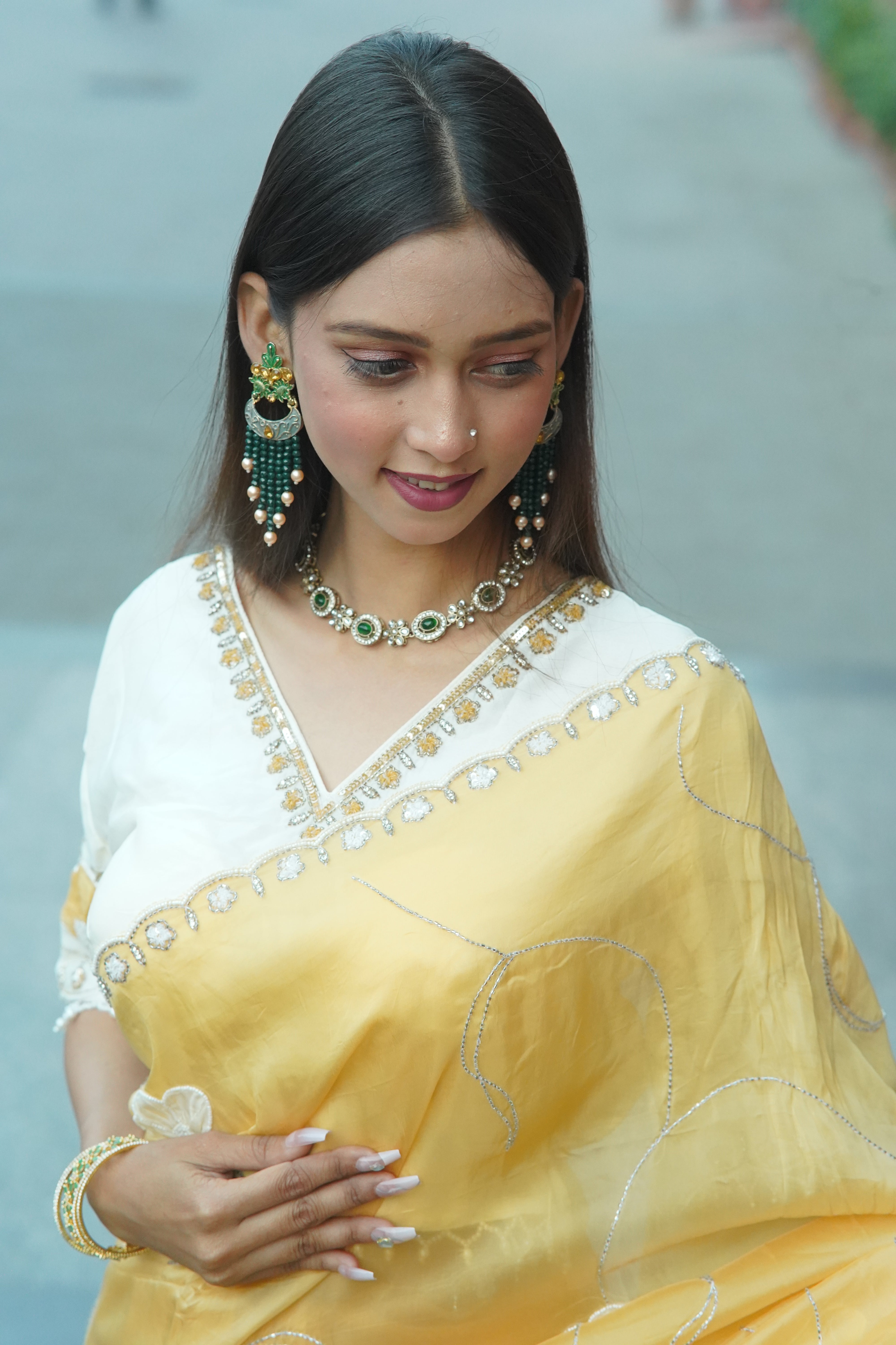 Mustard Yellow HO Silk Saree- Elegant Hand-Embellished Design