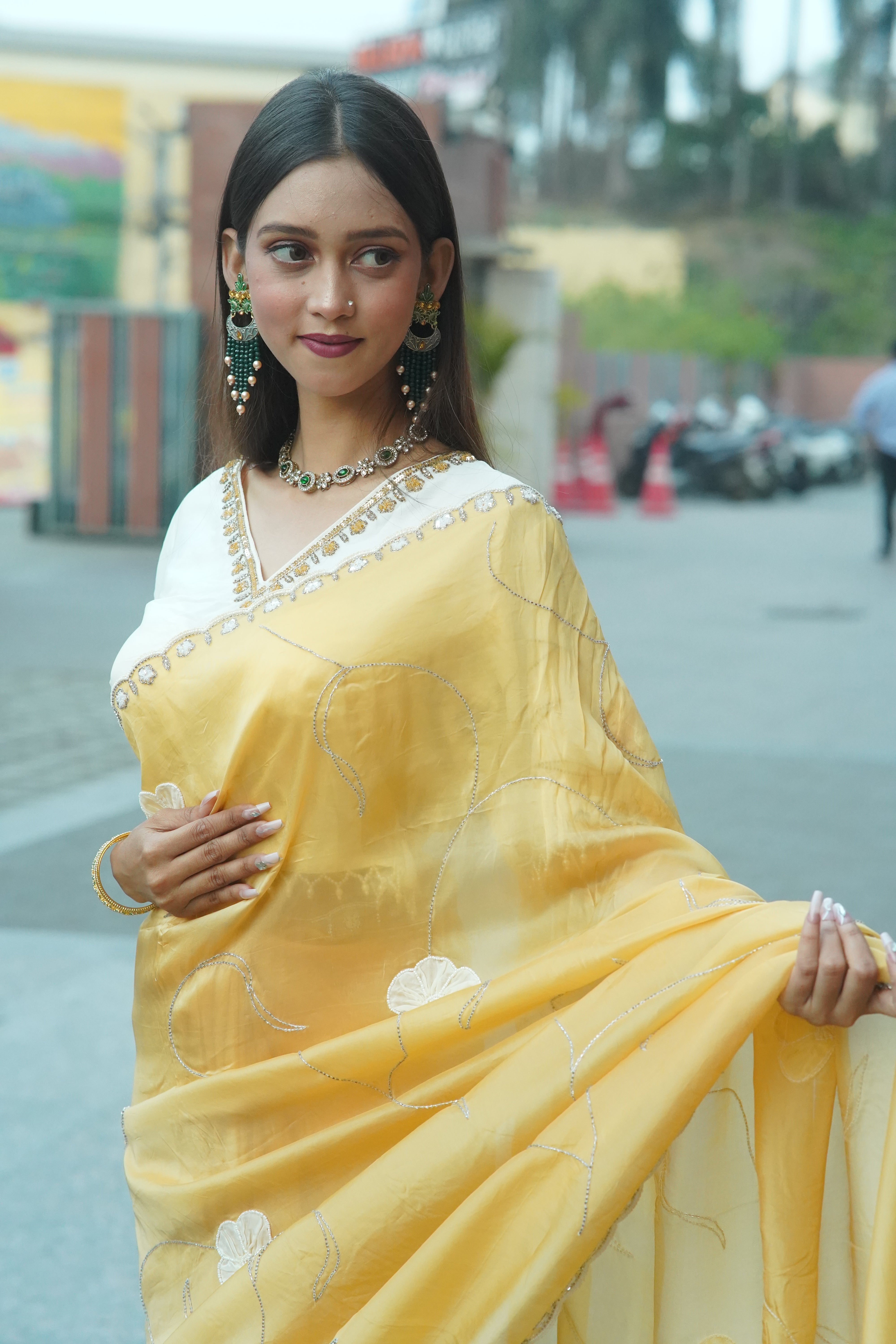 Mustard Yellow HO Silk Saree- Elegant Hand-Embellished Design