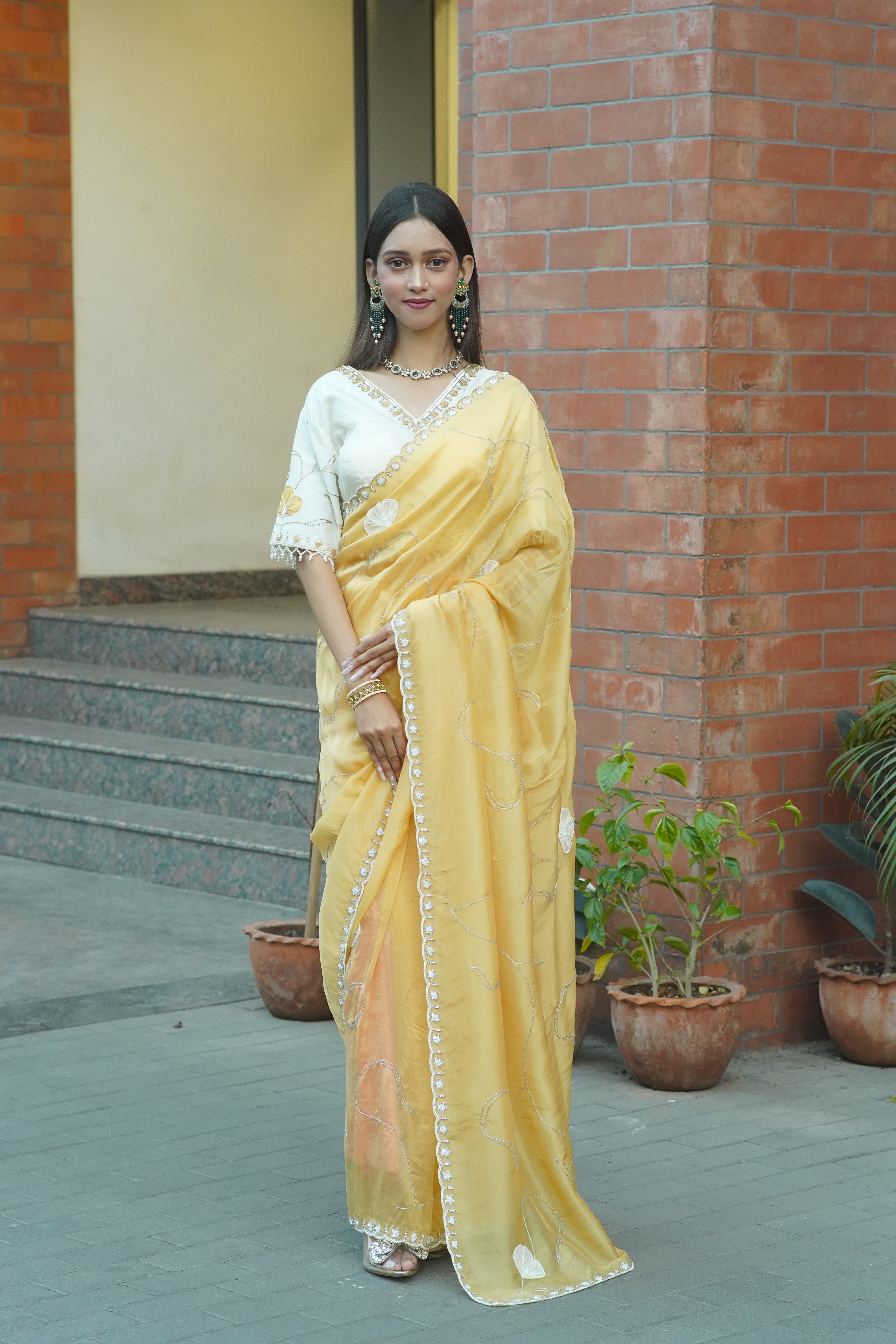 Mustard Yellow HO Silk Saree- Elegant Hand-Embellished Design
