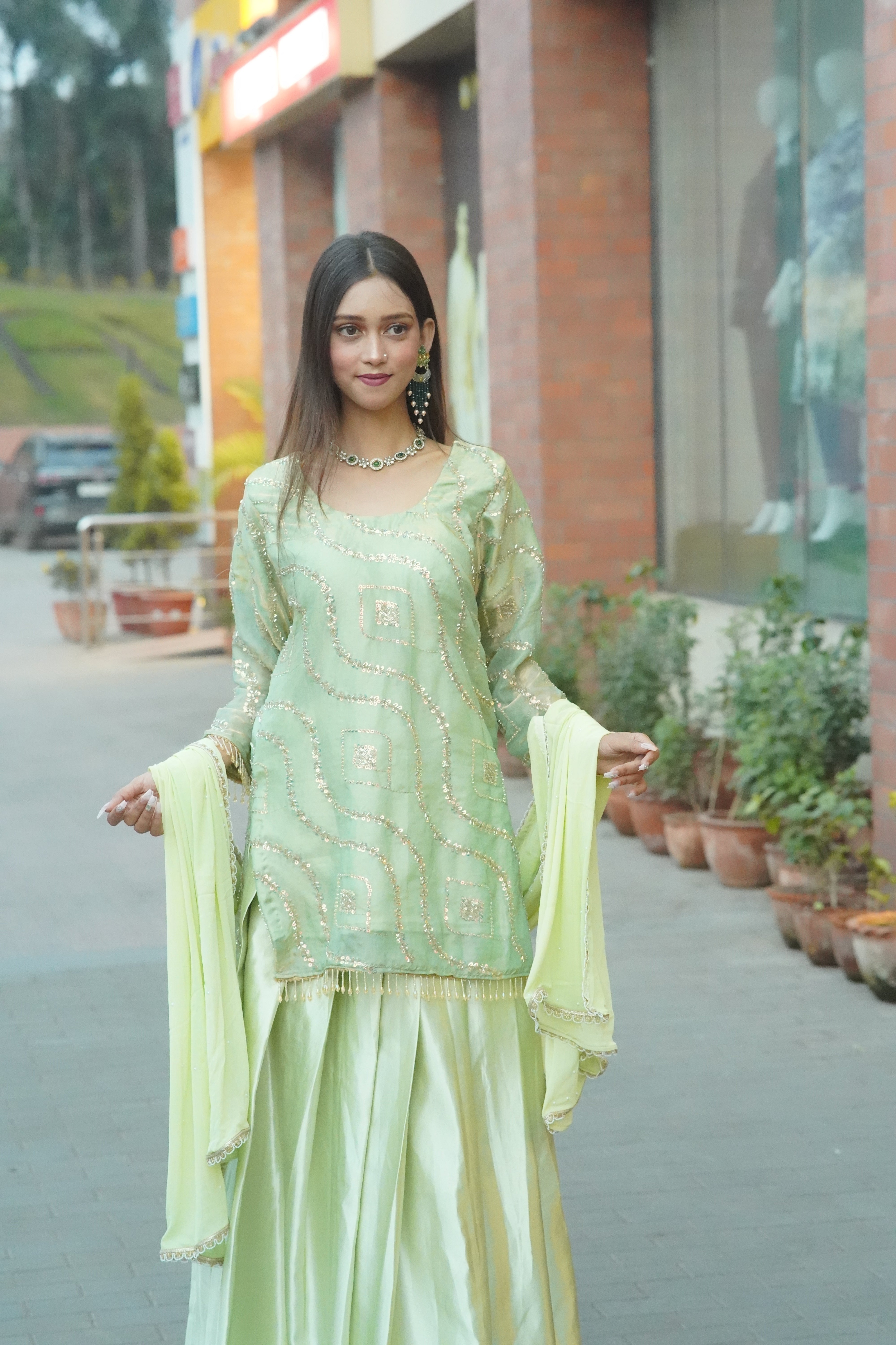 Pastel Green Embellished Ethnic Set