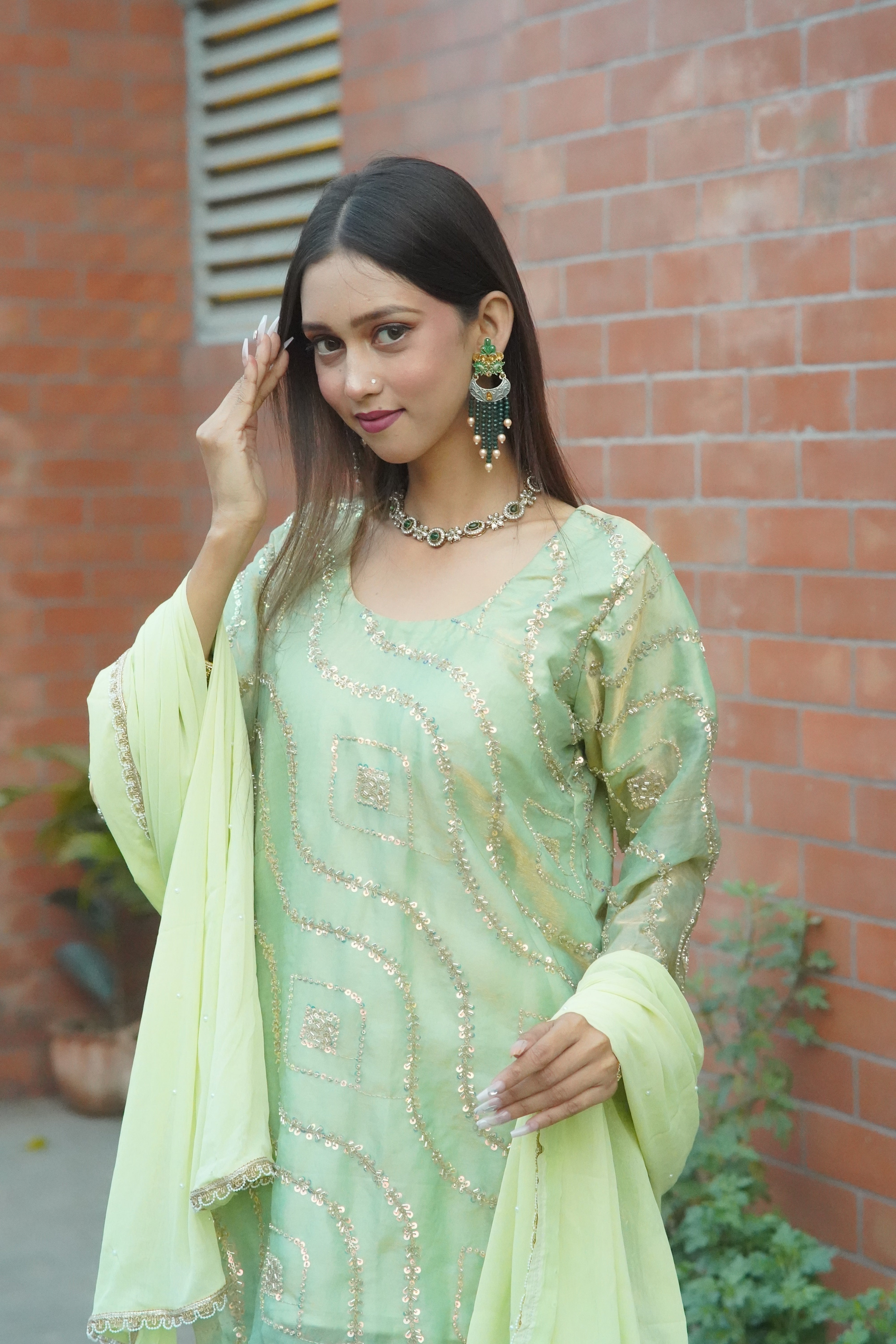 Pastel Green Embellished Ethnic Set