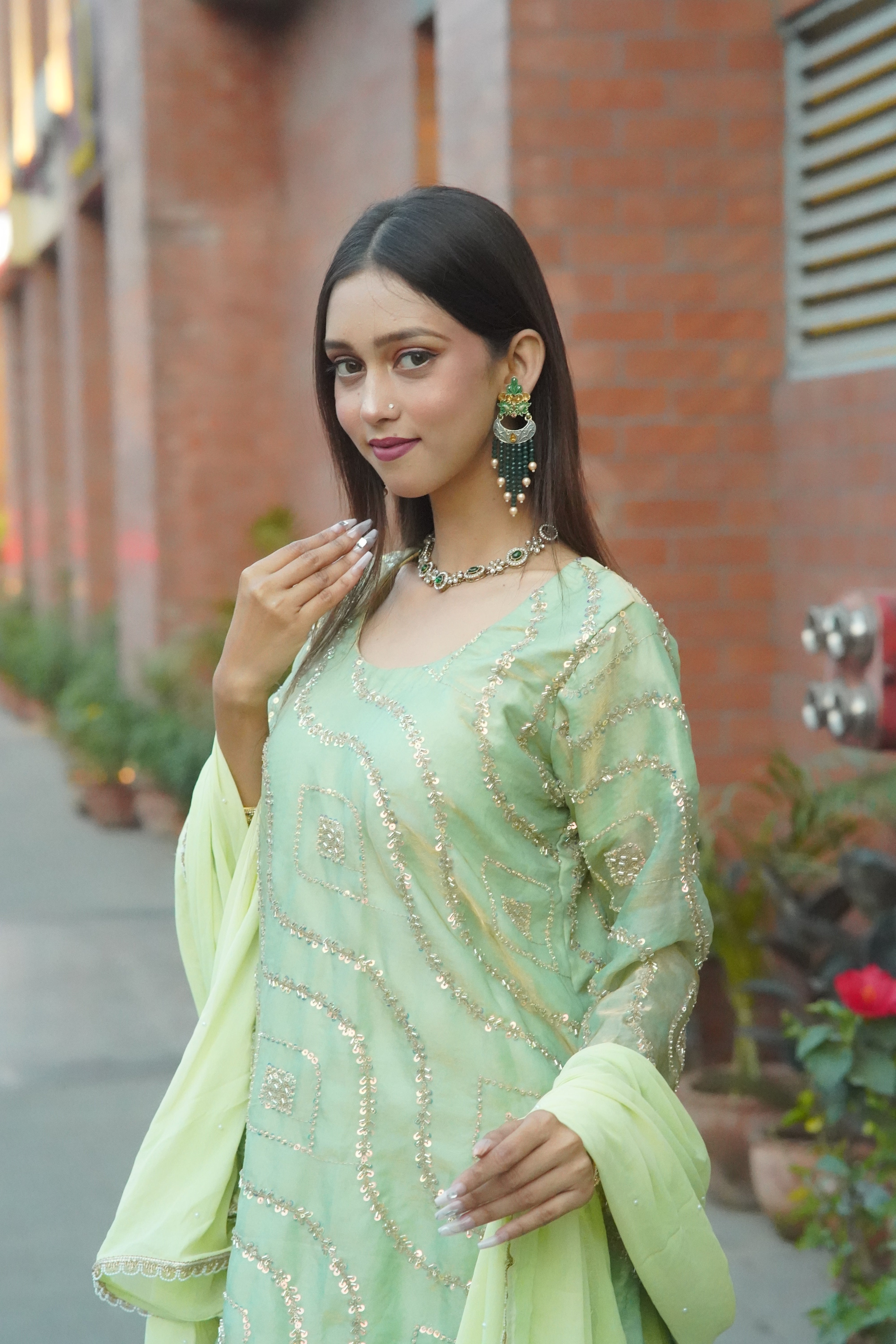 Pastel Green Embellished Ethnic Set