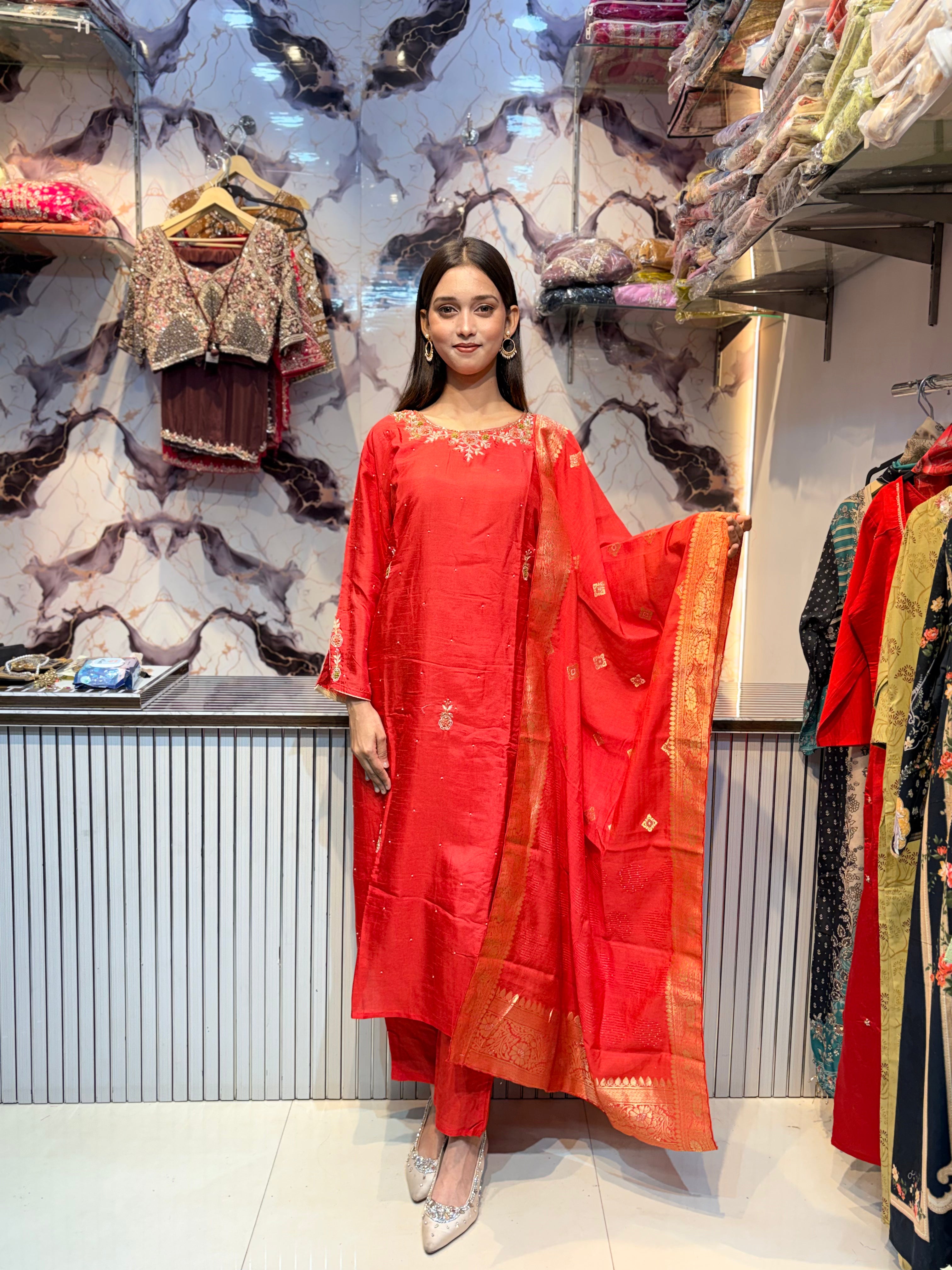 Orange Handworked Chanderi Cotton Kurta Set with Dupatta