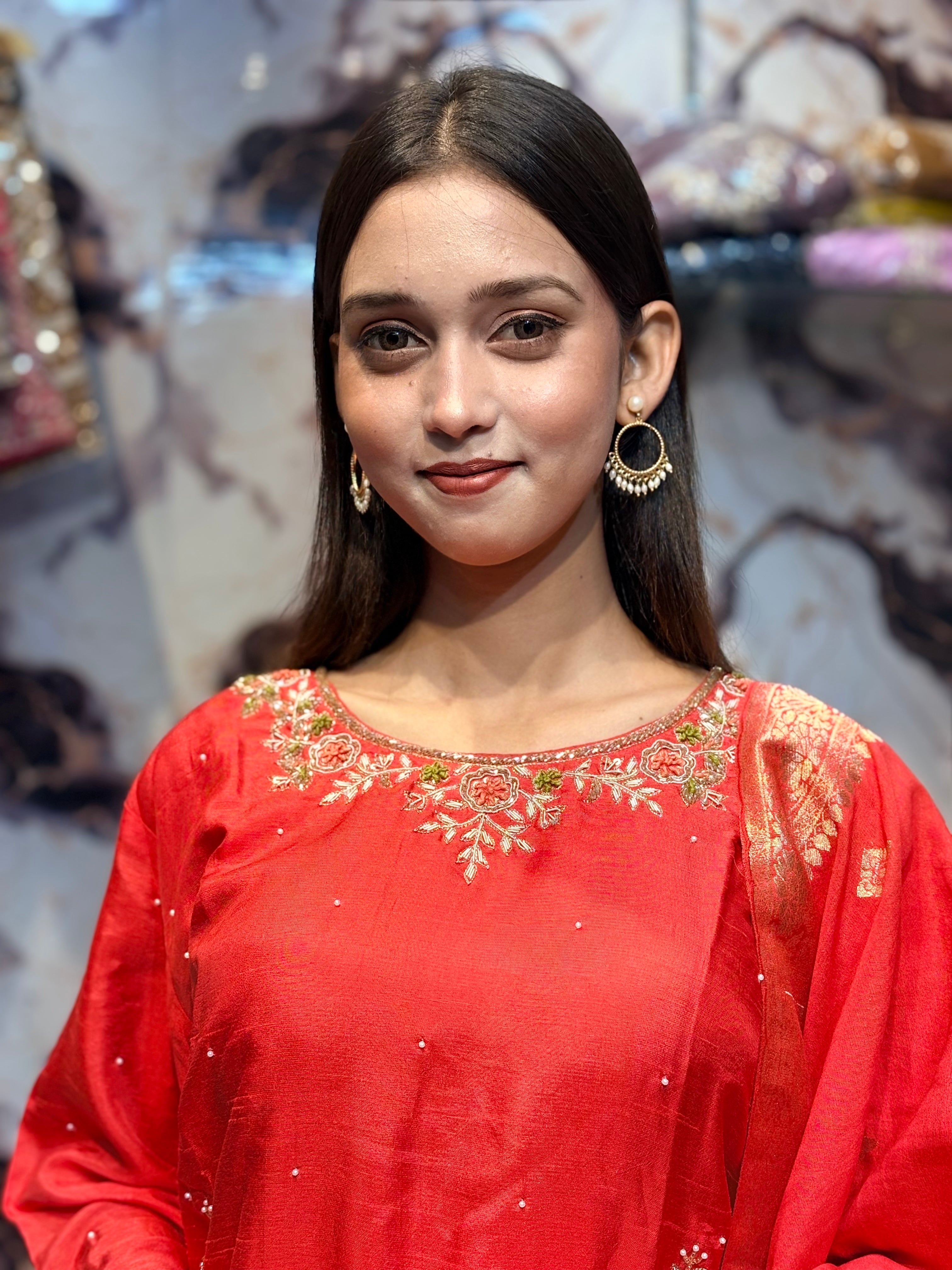 Orange Handworked Chanderi Cotton Kurta Set with Dupatta