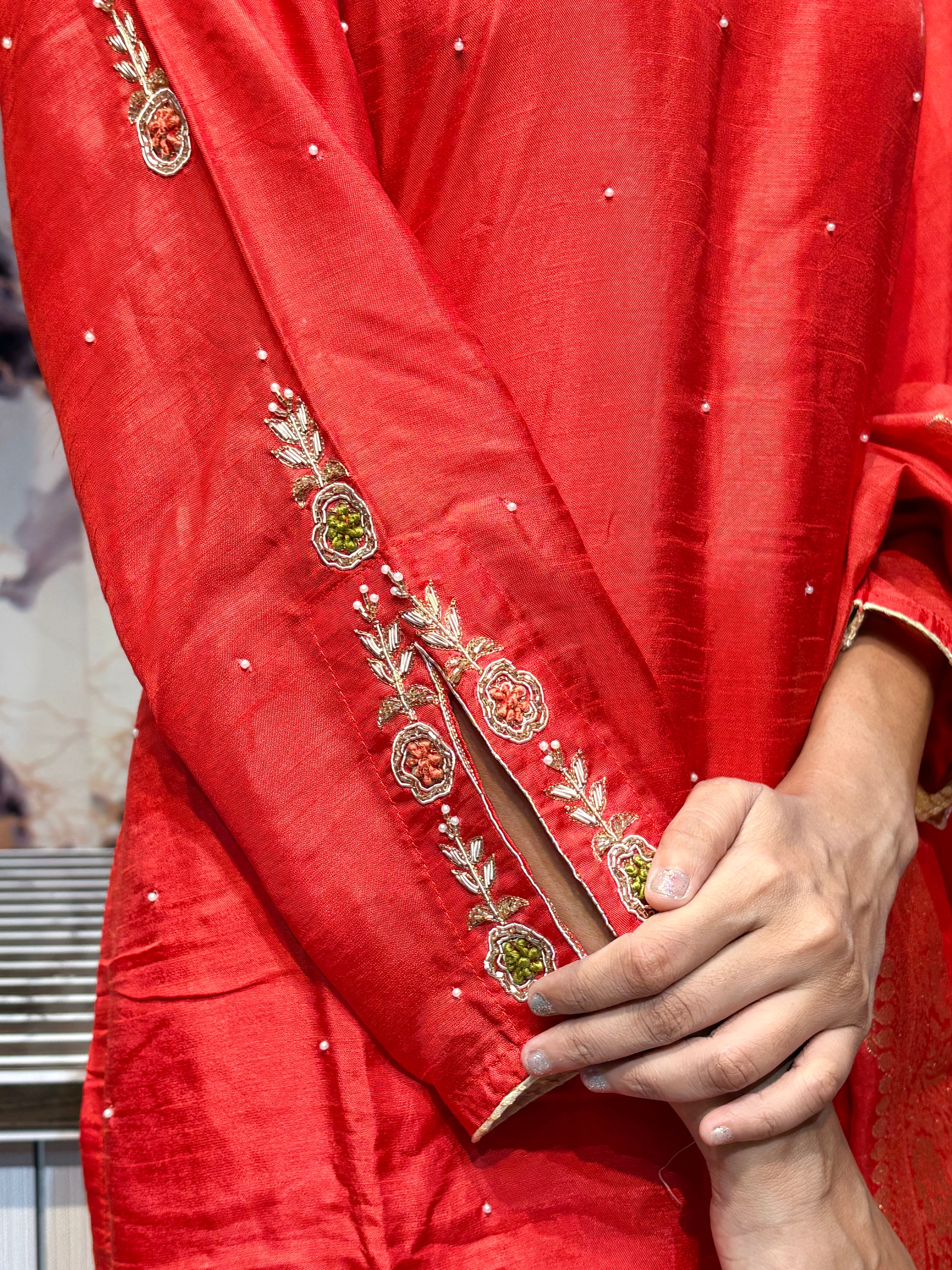 Orange Handworked Chanderi Cotton Kurta Set with Dupatta