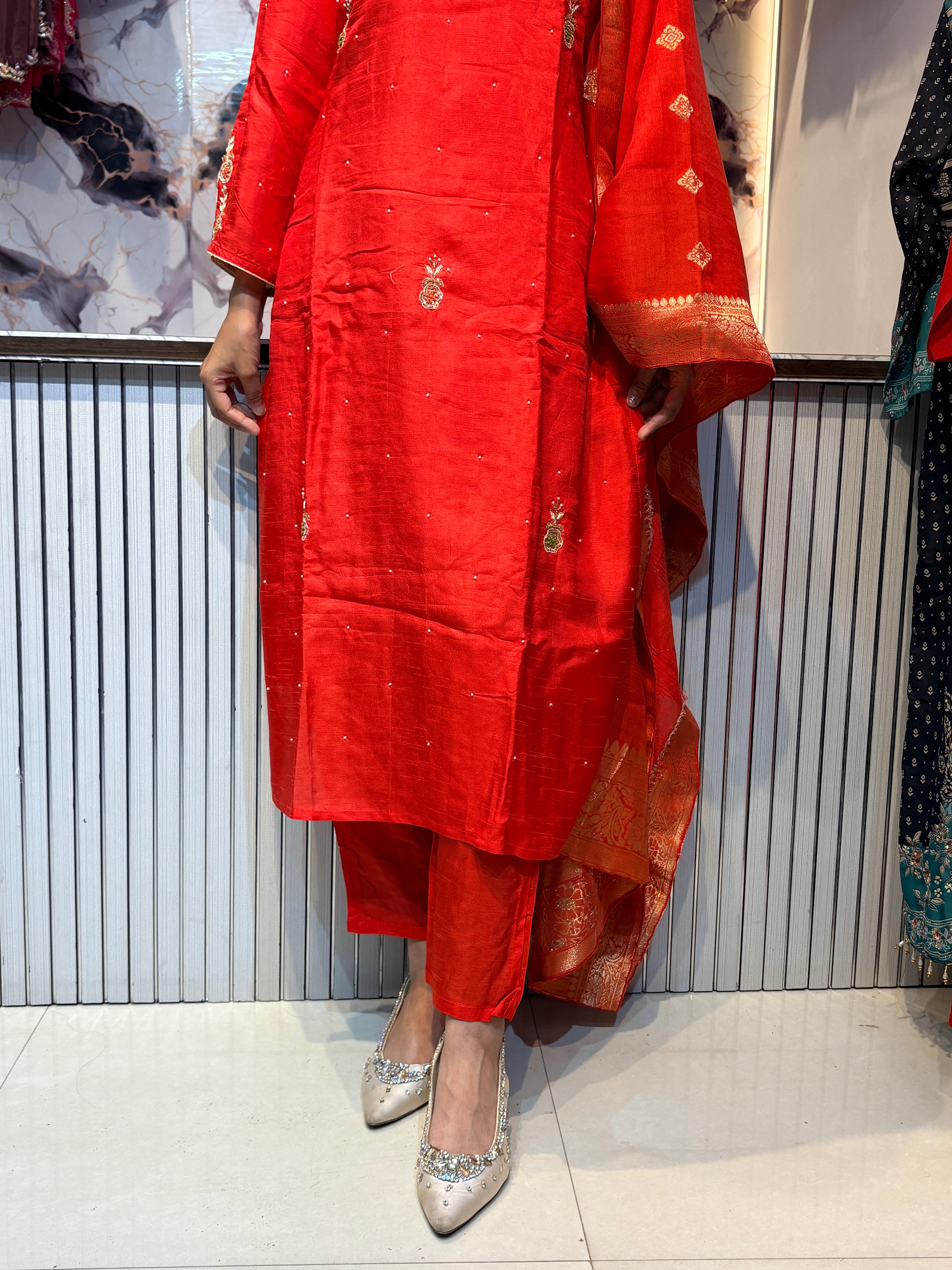 Orange Handworked Chanderi Cotton Kurta Set with Dupatta