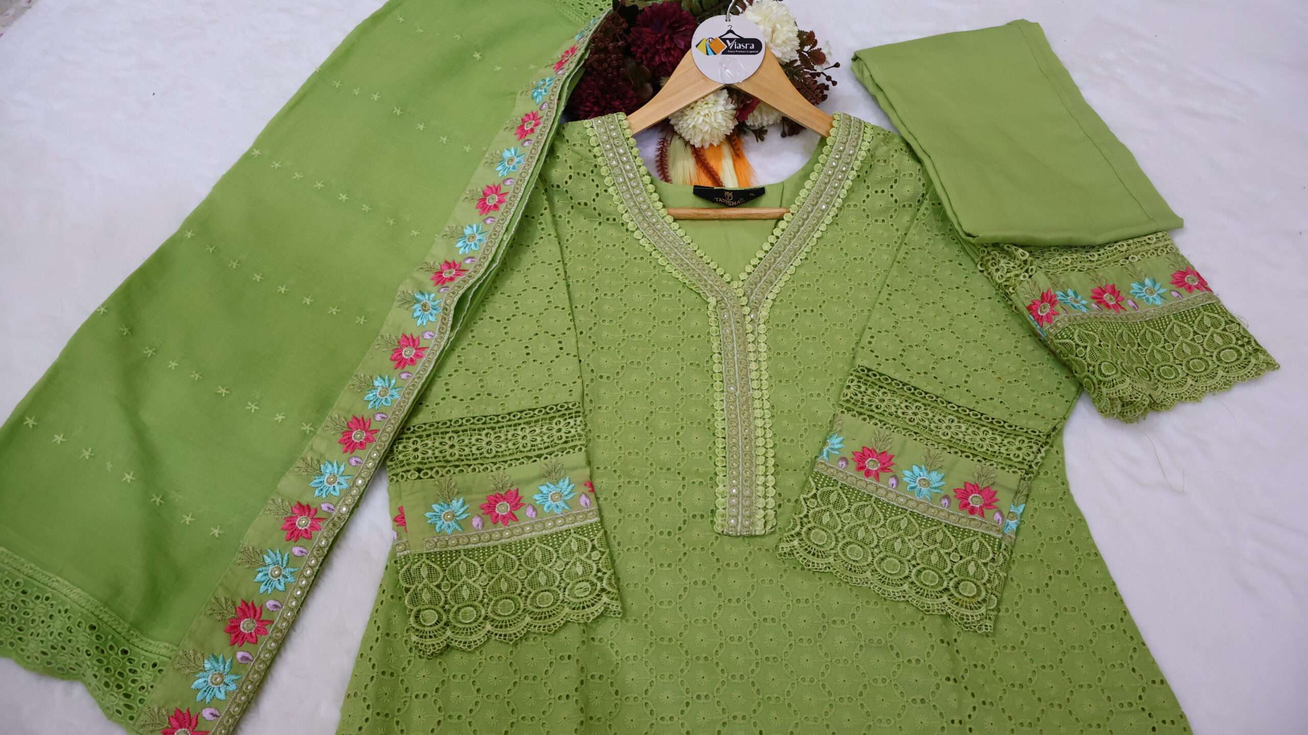 Pure Cotton Chikankari Kurta Pant Set with Embroidered Dupatta