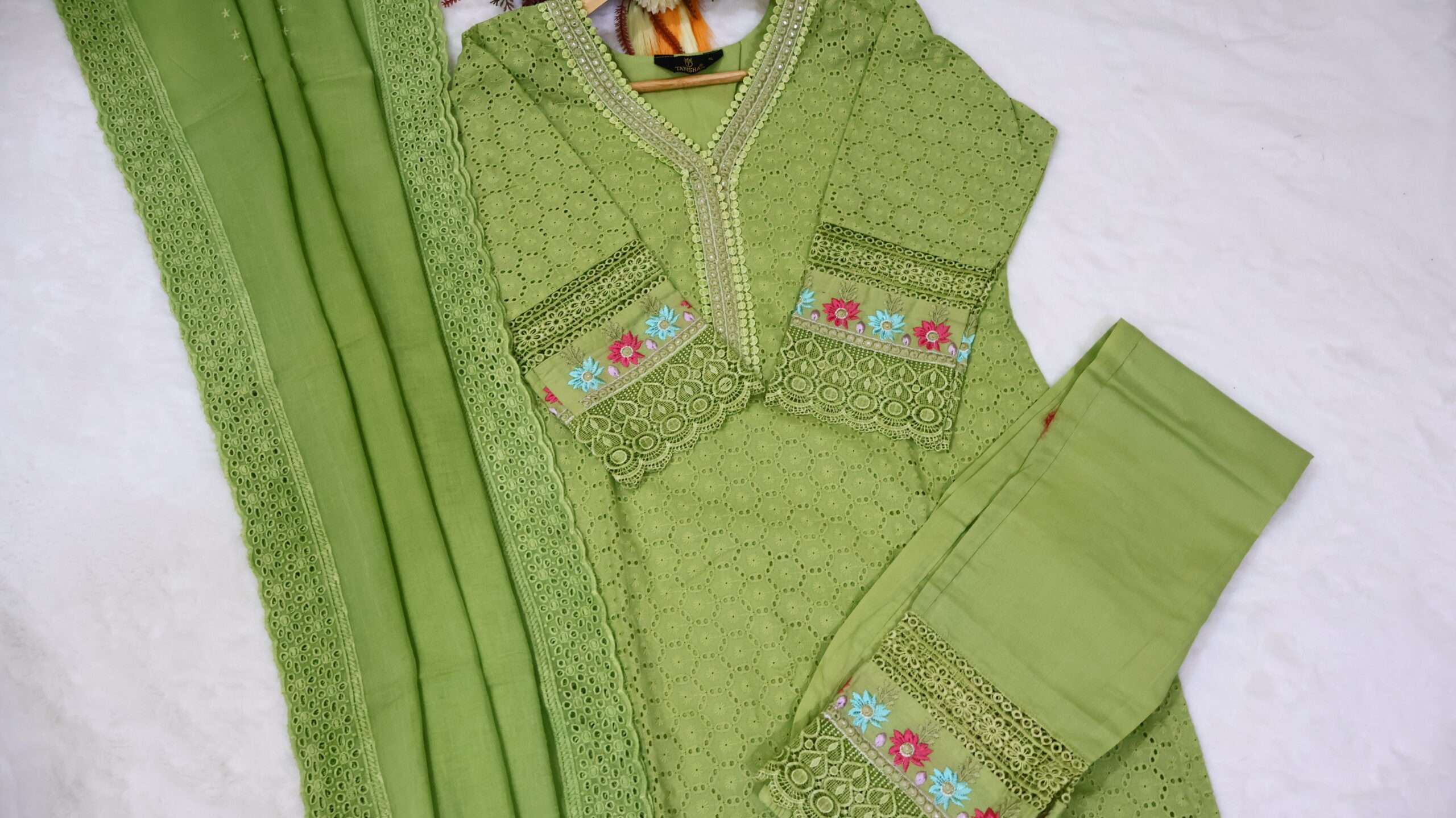 Pure Cotton Chikankari Kurta Pant Set with Embroidered Dupatta
