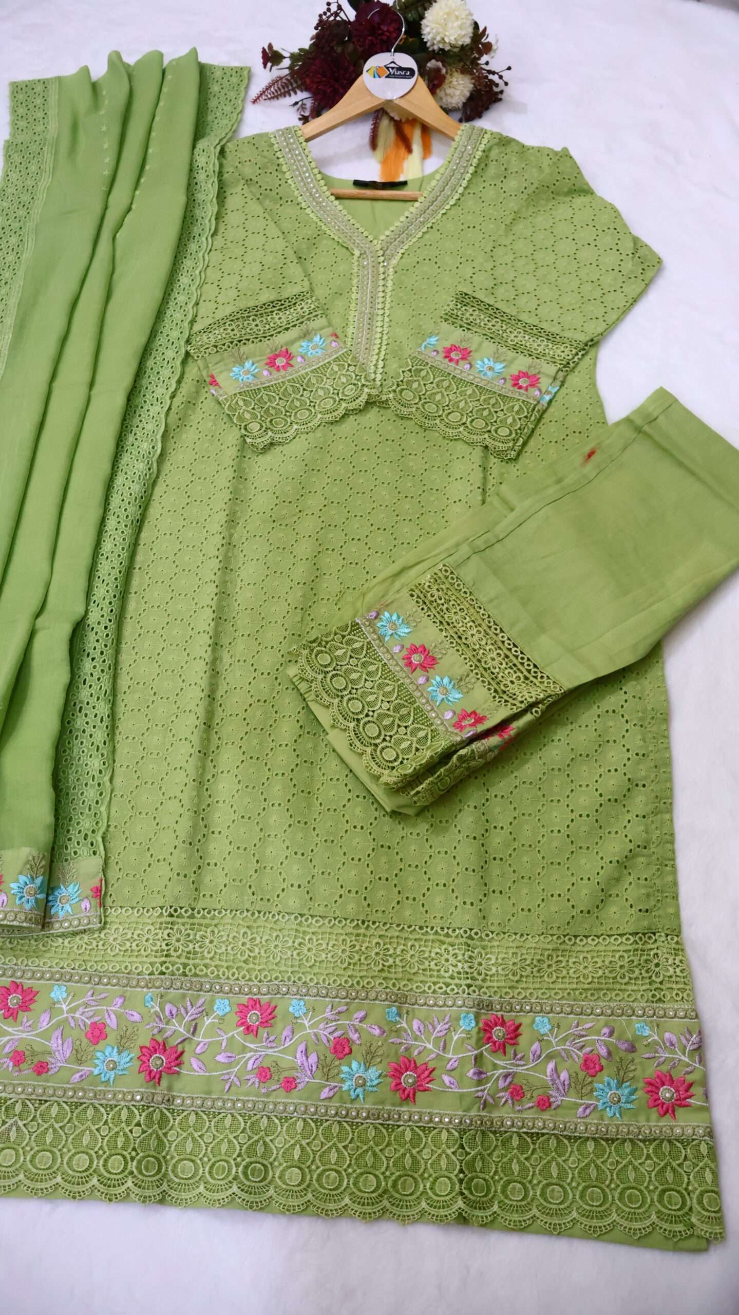Pure Cotton Chikankari Kurta Pant Set with Embroidered Dupatta