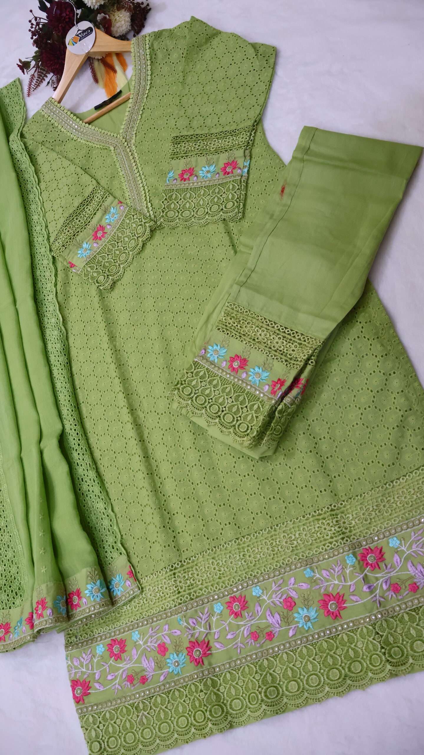 Pure Cotton Chikankari Kurta Pant Set with Embroidered Dupatta