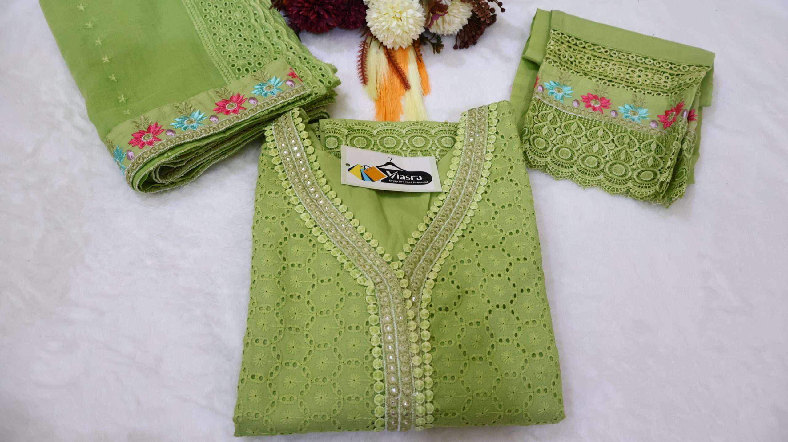 Pure Cotton Chikankari Kurta Pant Set with Embroidered Dupatta