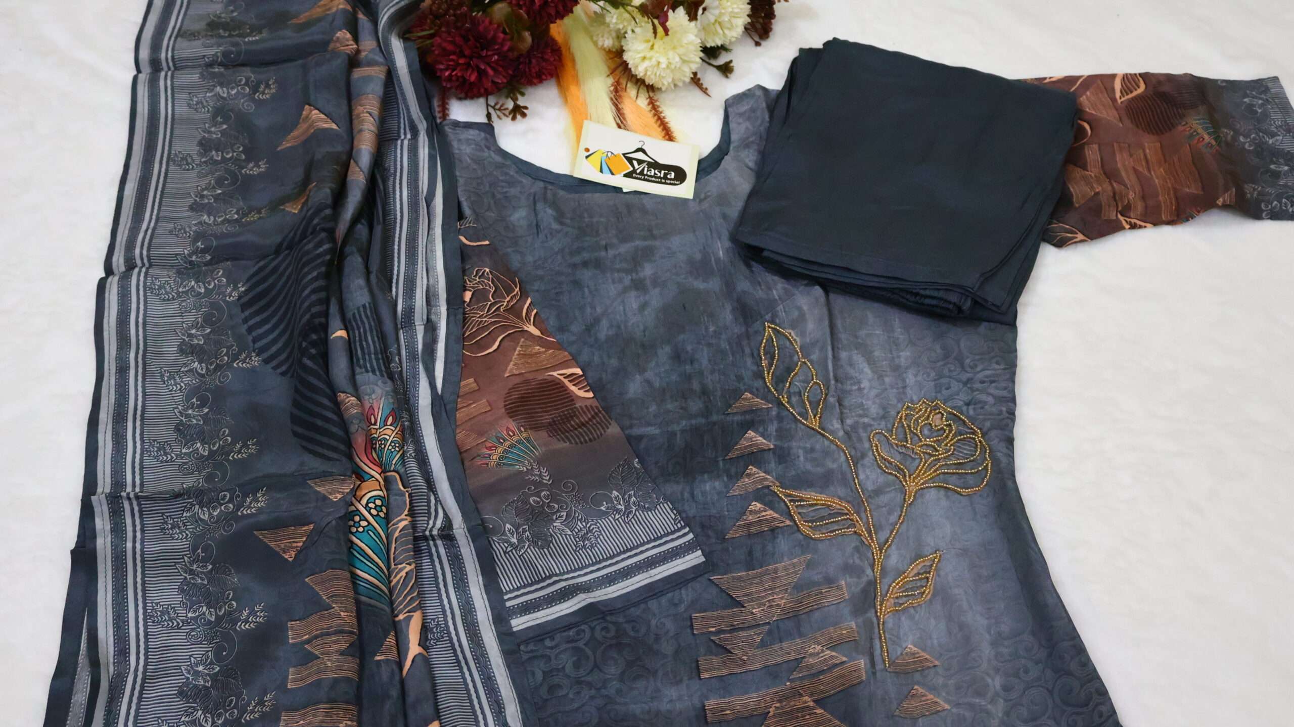 Pure Crepe Kurta Pant Set with Handwork & Dupatta