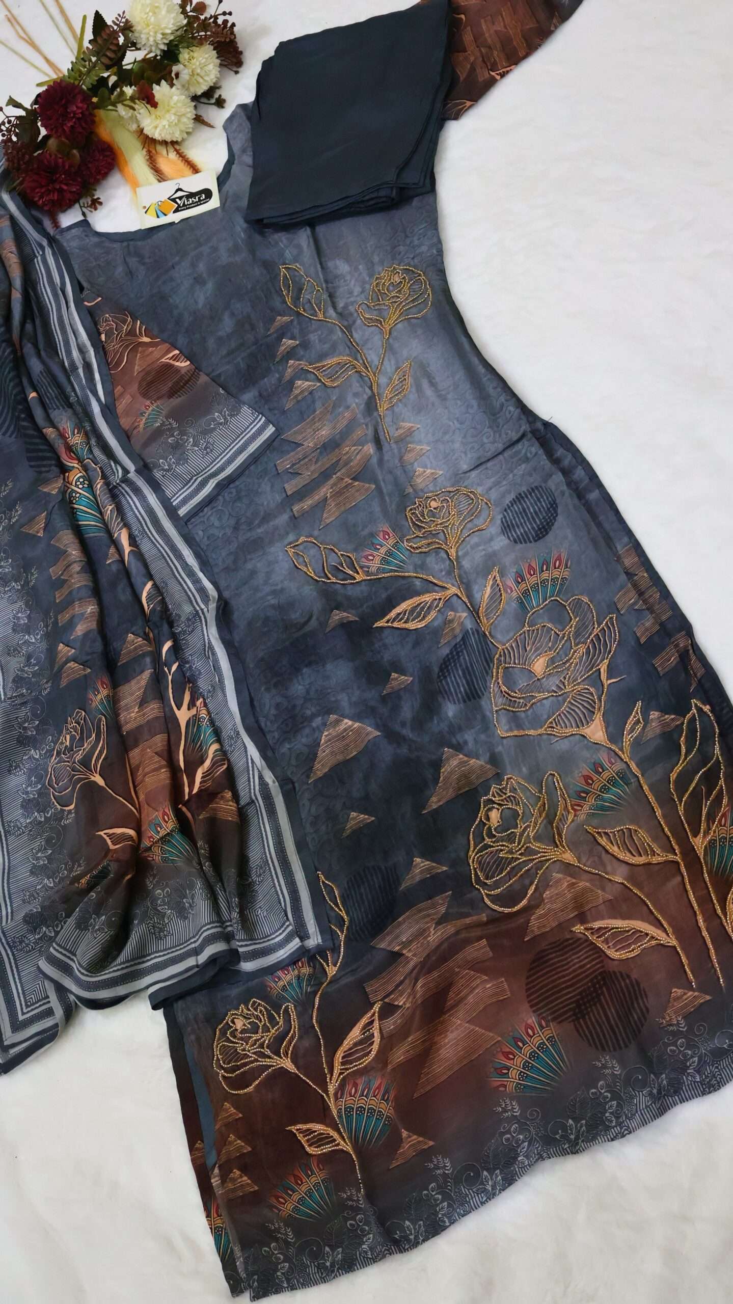 Pure Crepe Kurta Pant Set with Handwork & Dupatta