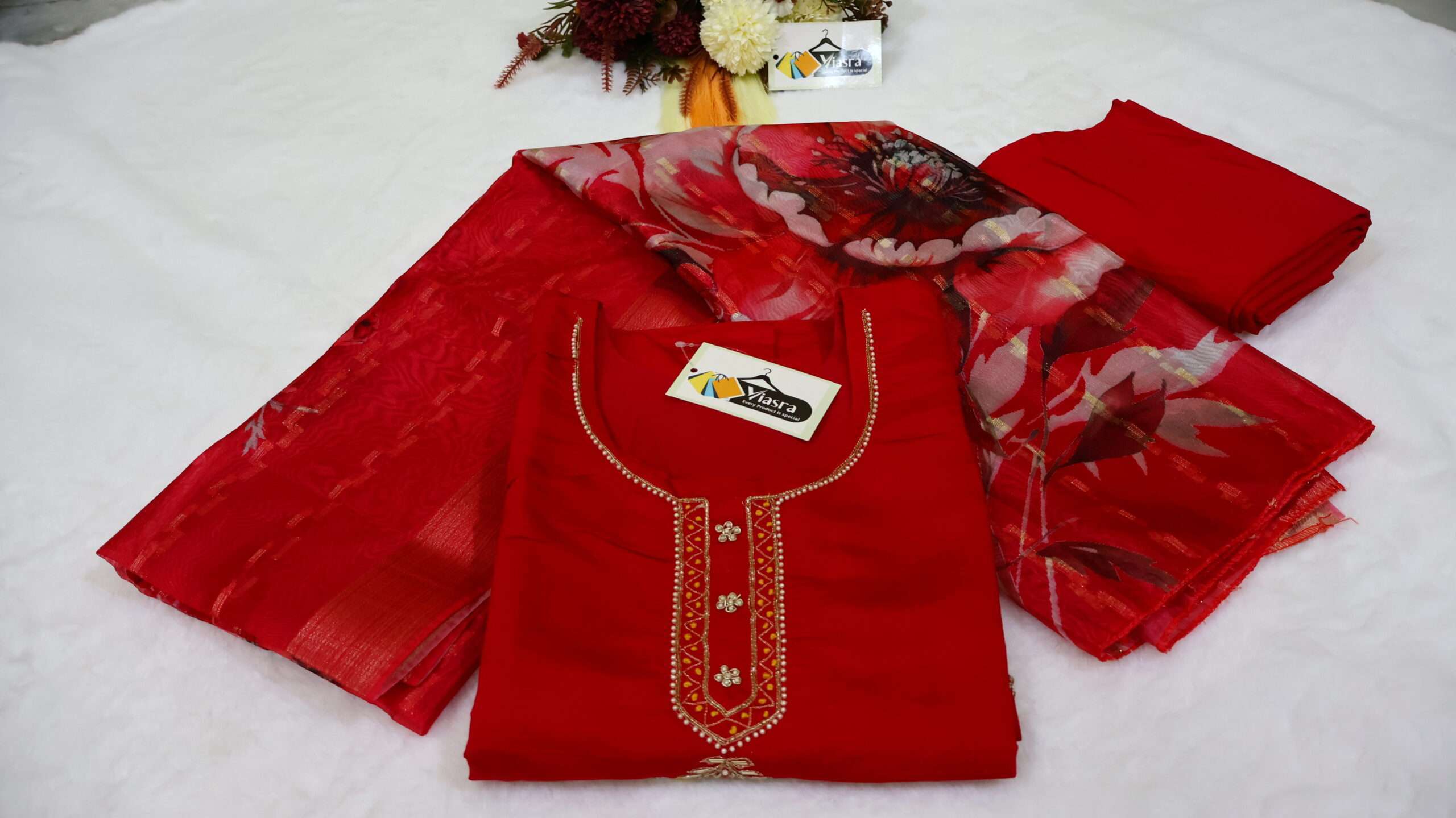 Dola Silk Kurta Pant Set with Handwork & Jacquard Dupatta