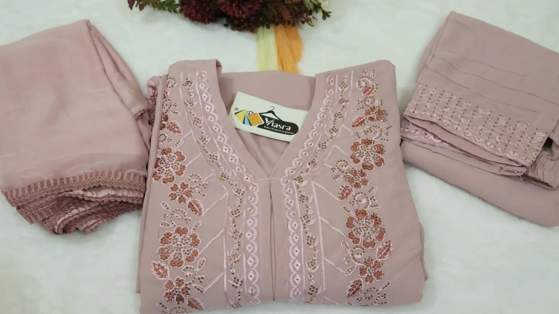Pink Pakistani Georgette Co‑Ord Set with Dupatta
