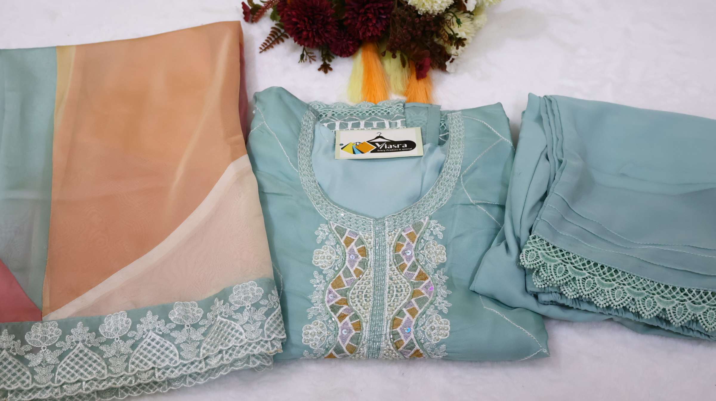 Tissue Organza Kurta Pant Set with Multicolour Dupatta