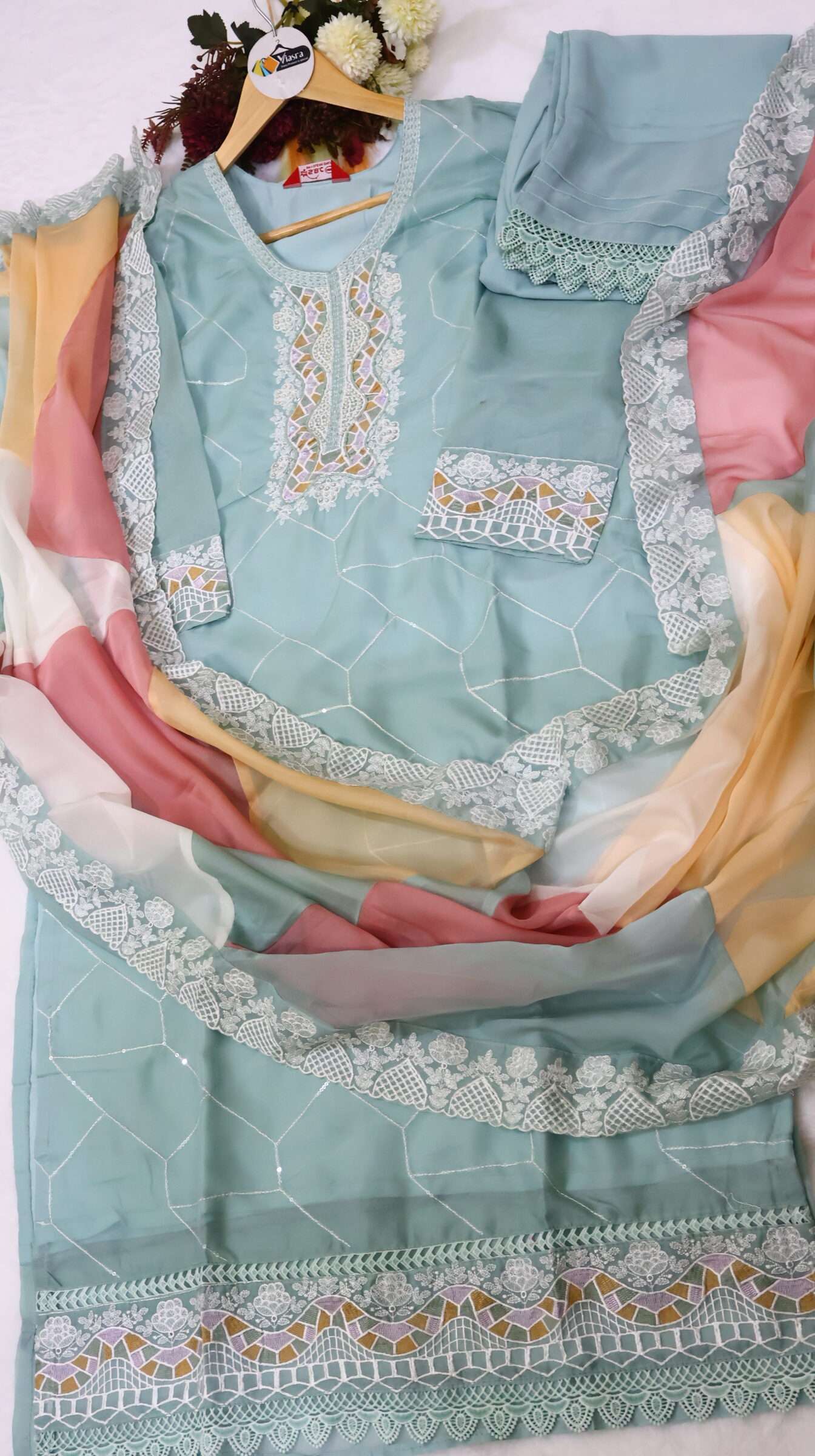Tissue Organza Kurta Pant Set with Multicolour Dupatta